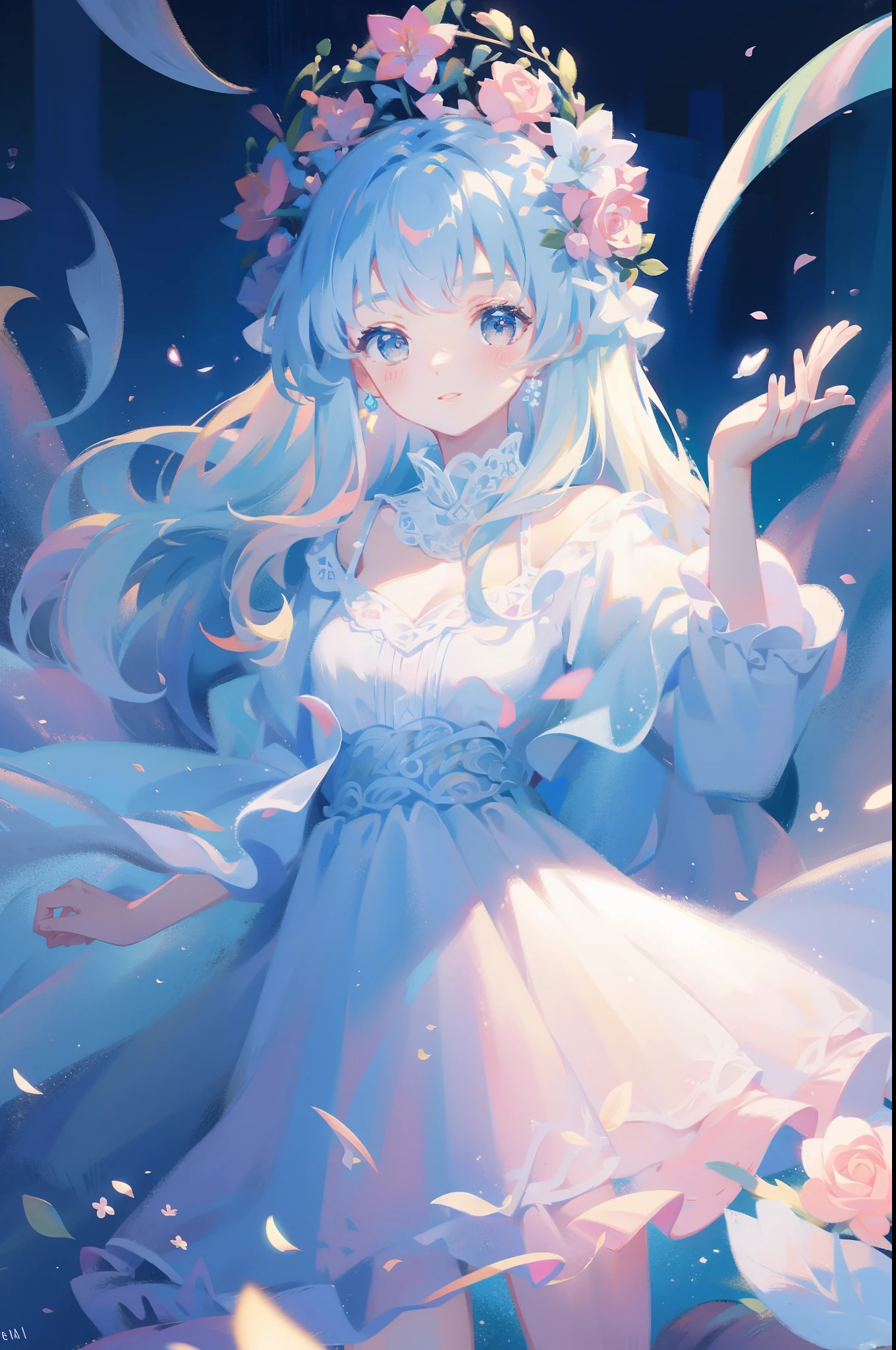 masterpiece, 8k, sharp focus, high resolution, princess, beautiful girl, fantasy white dress, dreamy, pastel colors, beautiful, peaceful, calm, fantasy landscape, beautiful dress design, intricate dress detail