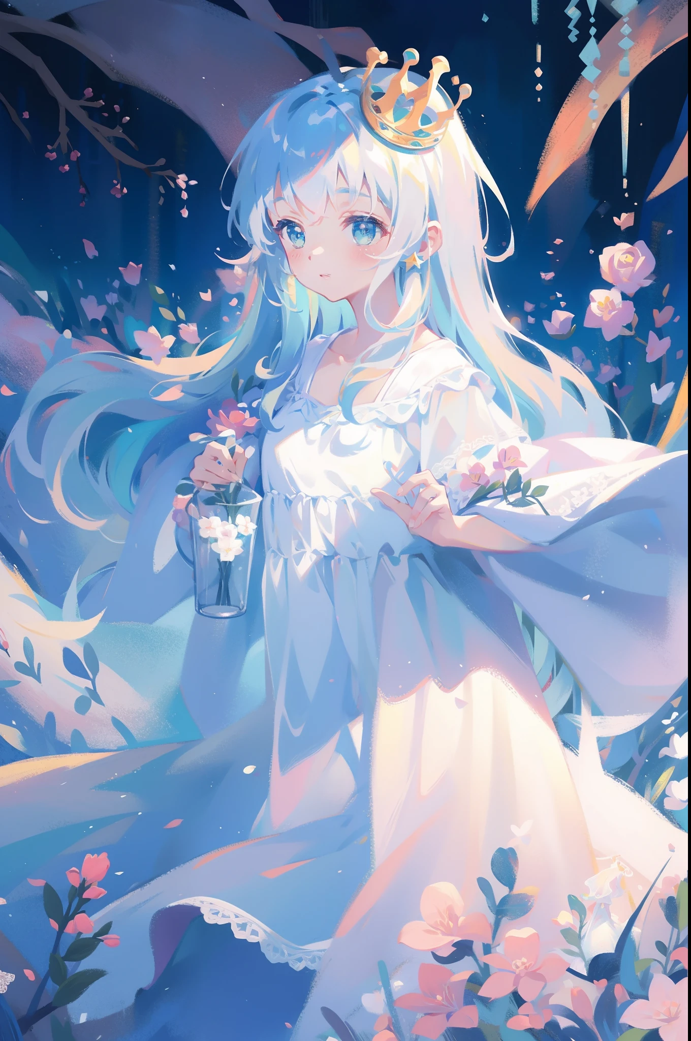 masterpiece, 8k, sharp focus, high resolution, princess, beautiful girl, fantasy white dress, dreamy, pastel colors, beautiful, peaceful, calm, fantasy landscape, beautiful dress design, intricate dress detail
