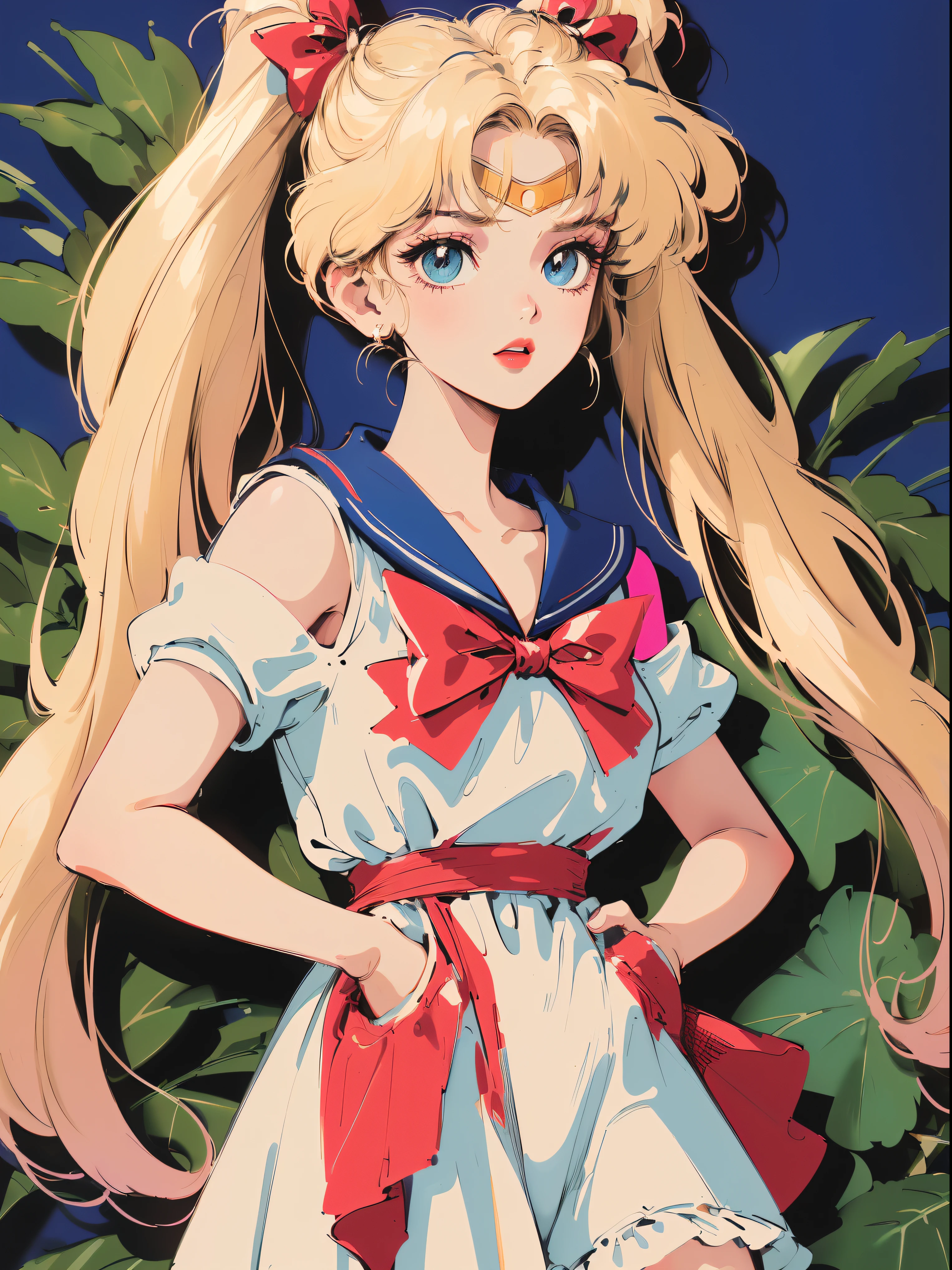 ((((blonde haired girl with sapphire eyes, sailor venus!!!!!!!!,Minako Aino ，retro anime girl , sailor moon aesthetic, anime vintage colors，Vaporwave style,90's anime style,have the style of folk portraits,chicano inspired retro fashion，renaissance,  retro style inspiration retro,snow pieces, fresh and clean appearance，))))(masterpiece:1.2, best quality,top quality,epic quality,UHD), (detalhes intrincados),((head tilts,hands in pockets,Clavicle control,joyful face,)) 1girls, solo,minimal makeup, tecidos naturais,adolescent,under-aged,young face, cara travessa,((blur background,))  ((((In the background of leaves ,with shadow,))))blueberry hair,{long hair|Clearly visible hair|natural curved|long twintail|supple hair},claros, franja, franja na testa,incredibly_absurdres pupils,saia plissada, (((sagging breasts,red bow on front))), face madura, detailed face, ((ultra-detailed, Sun glare, Bokeh:85mm)), (geometric:1.2),)),  ((bare shoulders,frills,short sleeves,Dark ，and pink dress，thigh ribbon,garter_belt,))ray tracing,god lighting,god ray)),((extremely_Detailed_Eyes_and_face)),(Beautiful and aesthetic: 1.2),Brilliant,unbelievable Ridiculous quality,)),((extremely_Detailed_Eyes_and_face)),(Beautiful and aesthetic: 1.2),Brilliant，Ultra-precise depiction, Ultra-detailed depiction,Bokeh (85mm Shot)，
