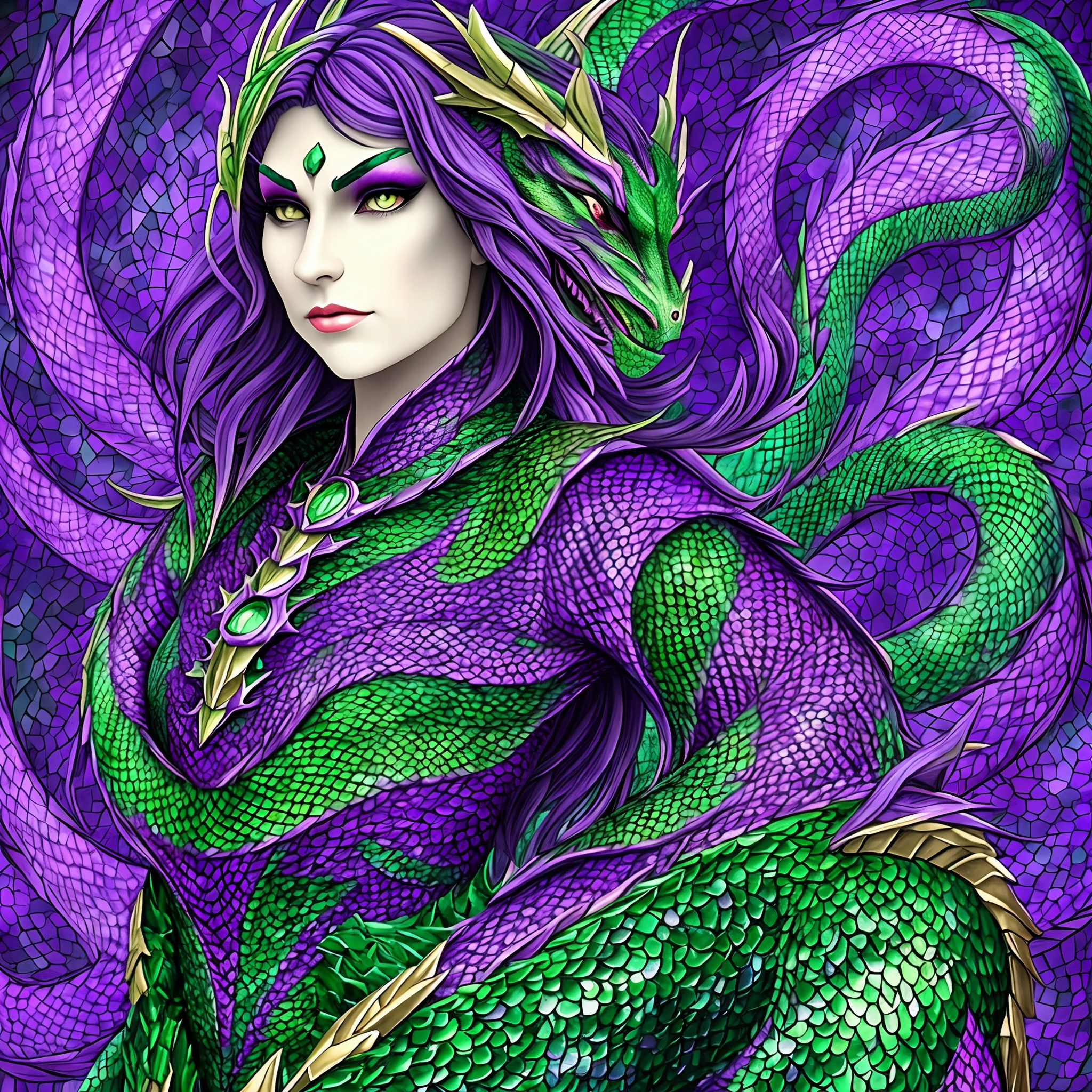 Half woman half dragon shiny scales in purple and green