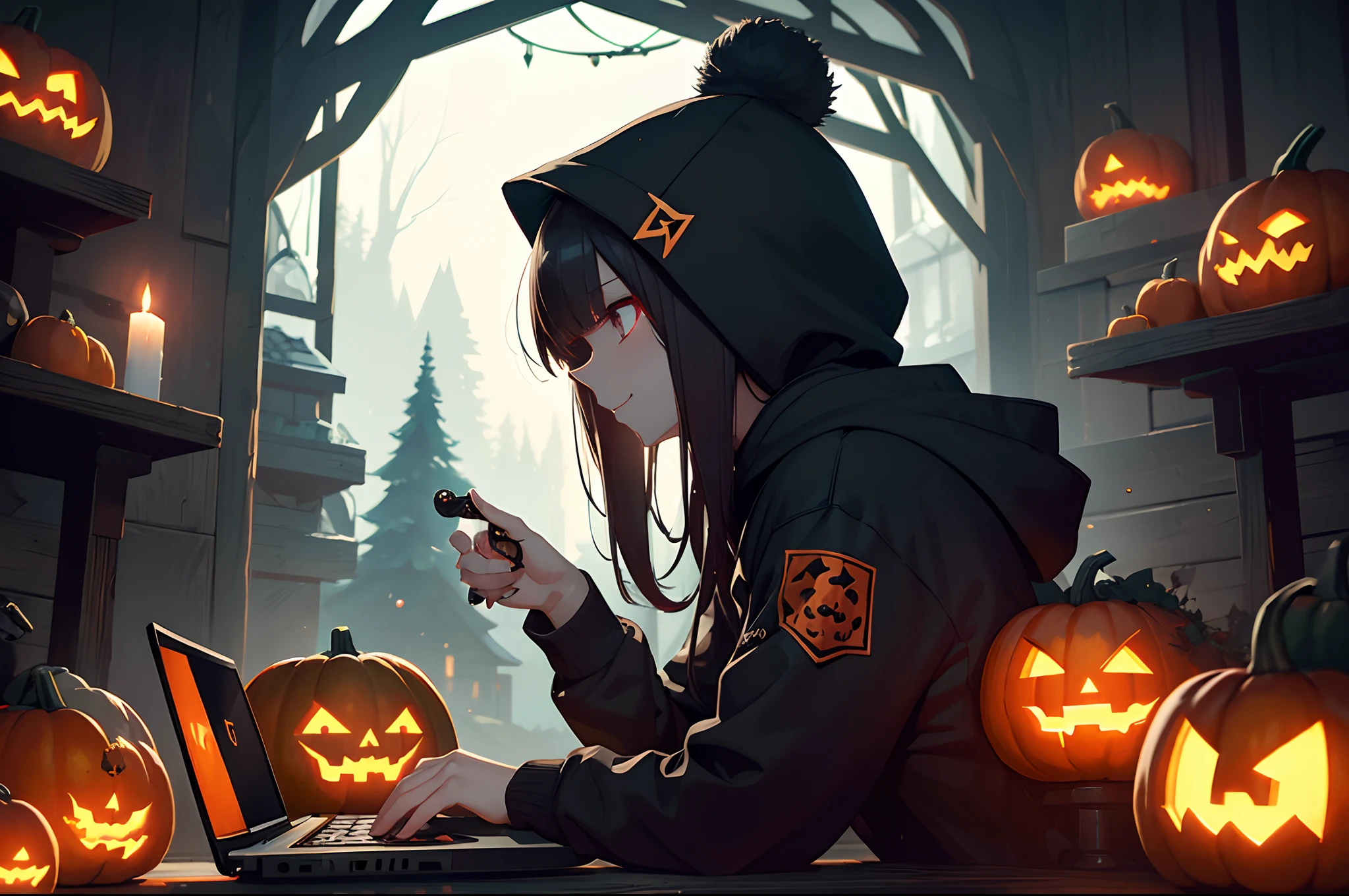 Dark forest, side view of a female Chinese hacker with hoodie typing on laptop, pumpkins carved with sinister smiles, moss, skull, pomegranates. Obscure. Illuminated by torches inside the pumpkin, candles, screen, moonlight. Great angular, great depht of field.
