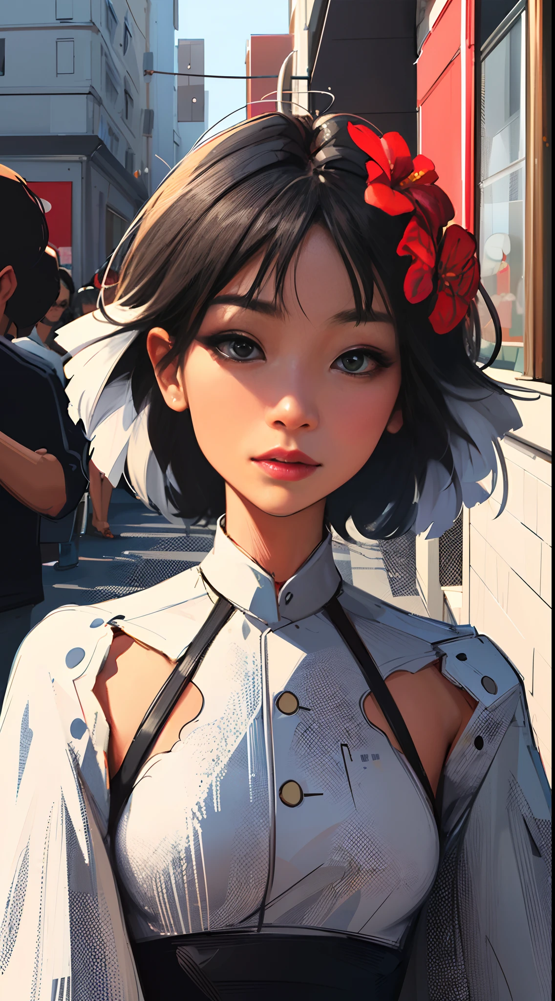Create digital artwork in the Pop Art style, Featuring a vibrant and confident young Asian girl,street fashion, Movie color scheme, Surrounded by vintage flower motifs, Vibrant brushstrokes,Emotions should be dynamic, Upper body, Drawing, illustration, escala cinza, tropical, Many flowers,