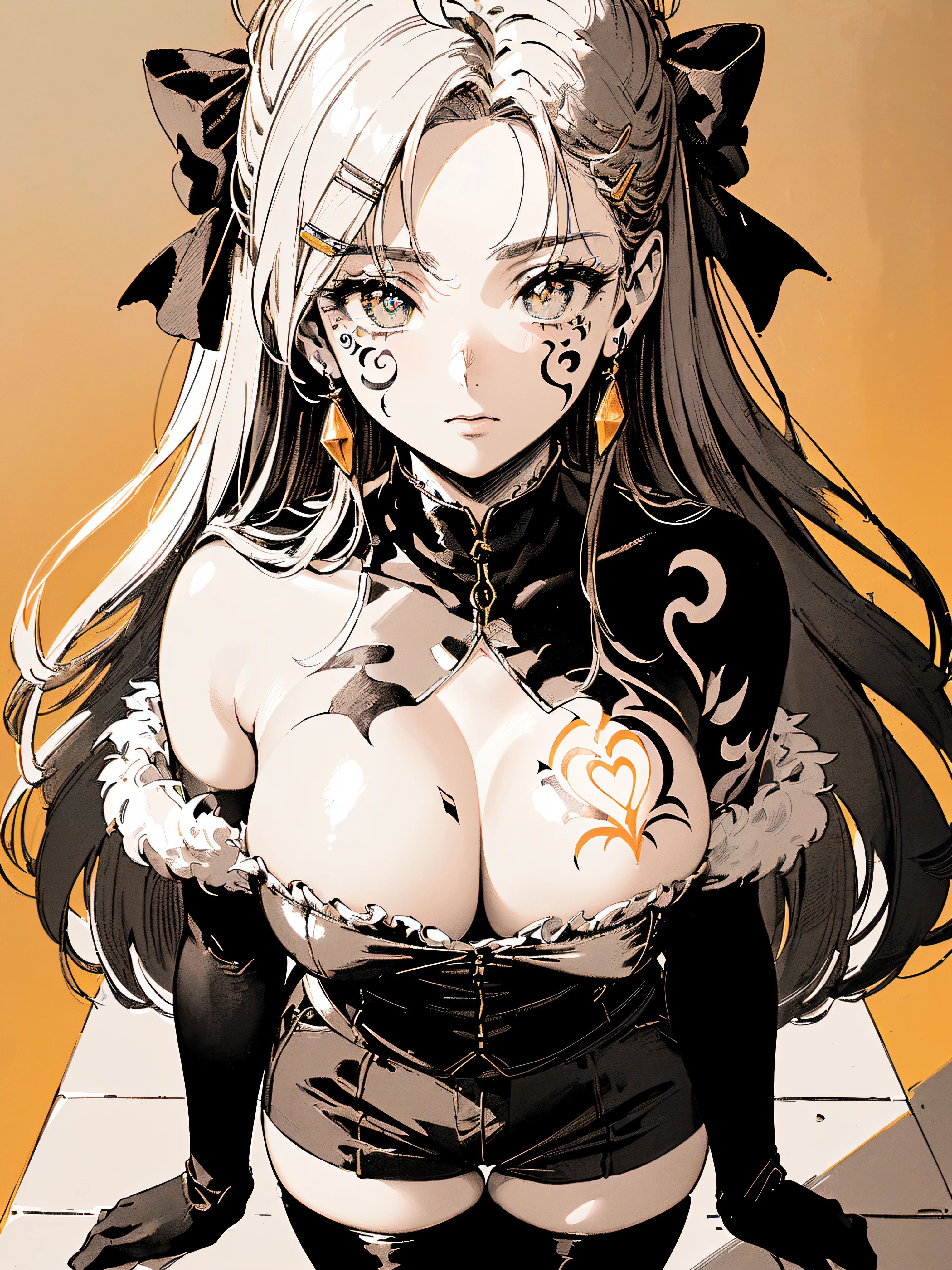 (((((((monochromatic world, using only shades of black and white and amber ,facial tattoo,pubic tattoo,))))))(((frills,head tilt,baggy skirt,short pants,thighhighs,))) (((blush:1.2,baggy cuffs,fur gloves,scratching breasts))), (geometric:1.1), ((1girl,under-aged,amazing,sharp focus,seductive succubi,Solo,from above))(Masterpiece,Best quality, offcial art, Beautiful and aesthetic:1.2),((incredibly_absurdres,Golden ratio,)) (16k),on the water,lake,dawn,((cowboy shot,))(((sagging breasts))),(Physically-based rendering),Sharp focus, (((highdetailskin,knees up))),Intricately detailed clothing,(Delicate pupils,Symmetrical pupils,Highly detailed pupils),heart pupils,danfeng eye,((((detailed hair|long hair|intake bangs|long bold side bangs|top bow|ahoge)))),Slender,(masterpiece sidelighting),(The sheen),(beautiful hair,beautiful eyes,)((unbelievable Ridiculous quality)),((extremely_Detailed_Eyes_and_face)),Movie girl,(Dynamic configuration: 1.2),Brilliant,Glossy, ((hairclip)), two-sided fabric,disheveled hair,Ultra-precise depiction, Ultra-detailed depiction,