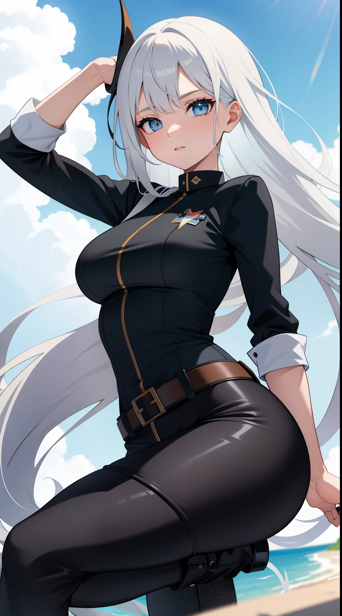 super high image, super detail, super high resolution, best quality, (full body image), ((anime)), (((masterpiece))), , (((sexy girl))), (20years old),(pretty face), (perfect body), (hourglass body shape), ((long silver white hair)), (beautiful eyes), (bursting breasts), ((petit breasts:1.0)), (perfect breasts), (deep cleavage), (sexy), (((black space military uniform))), sexy expression, (((erotic pose))), (thin waist:1.0), (thick hips:1.0), (thick ass:1.0), (high quality hands)