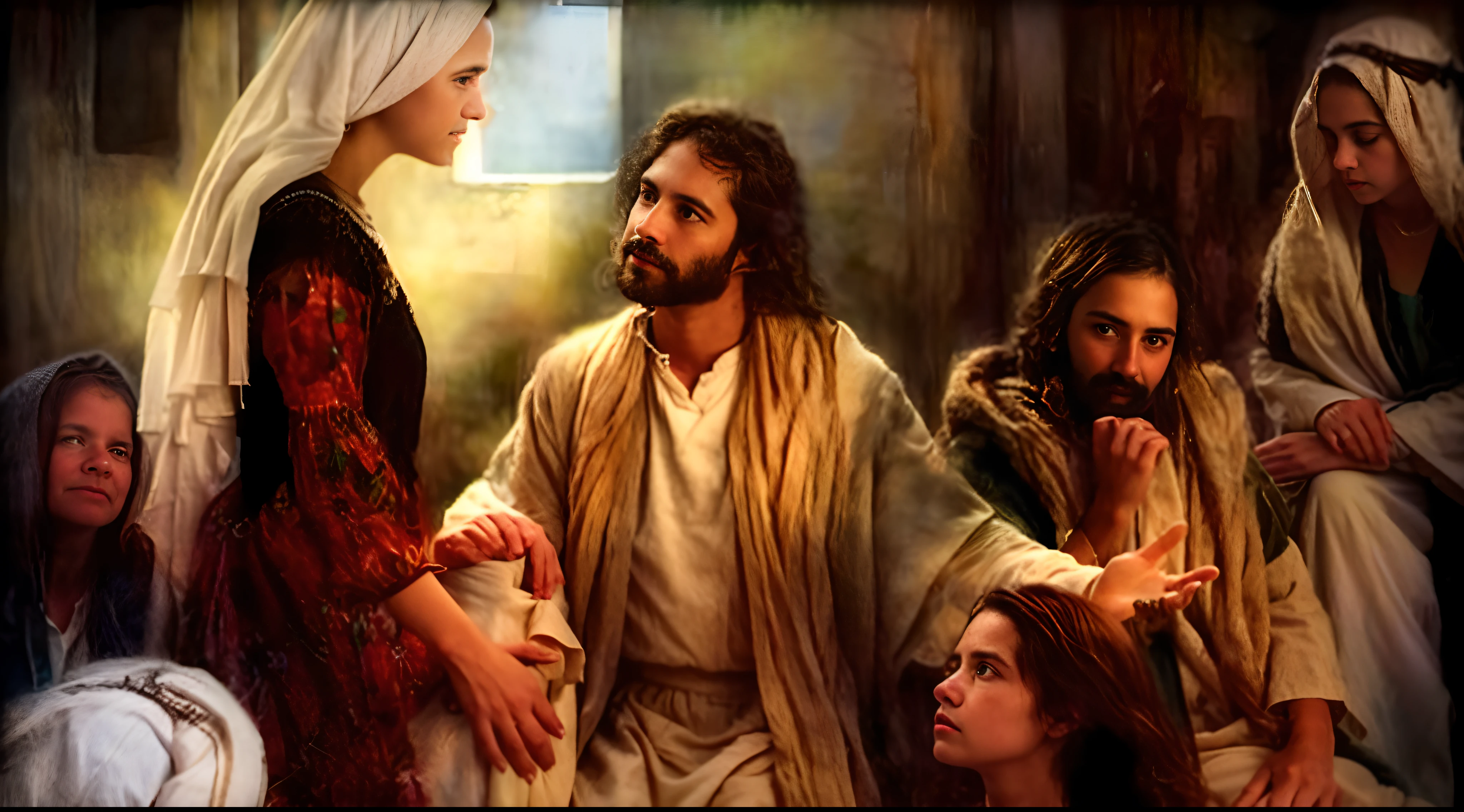 Retrato moderno de Jesus com Marta e Maria, cinematic lighthing, profundidade de campo, Bokeh, Realismo, fotorrealista, hiper-realismo, fotografia profissional, UHD, DSLR, HDR