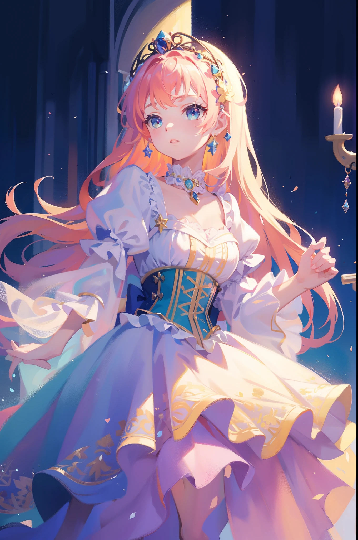 masterpiece, 8k, sharp focus, high resolution, princess, beautiful girl, fantasy princess dress, puffy multi-layered tiered ballgown, corset, collar, sharp focus, intricately detailed dress design, colorful, whimsical, fantasy, magical
