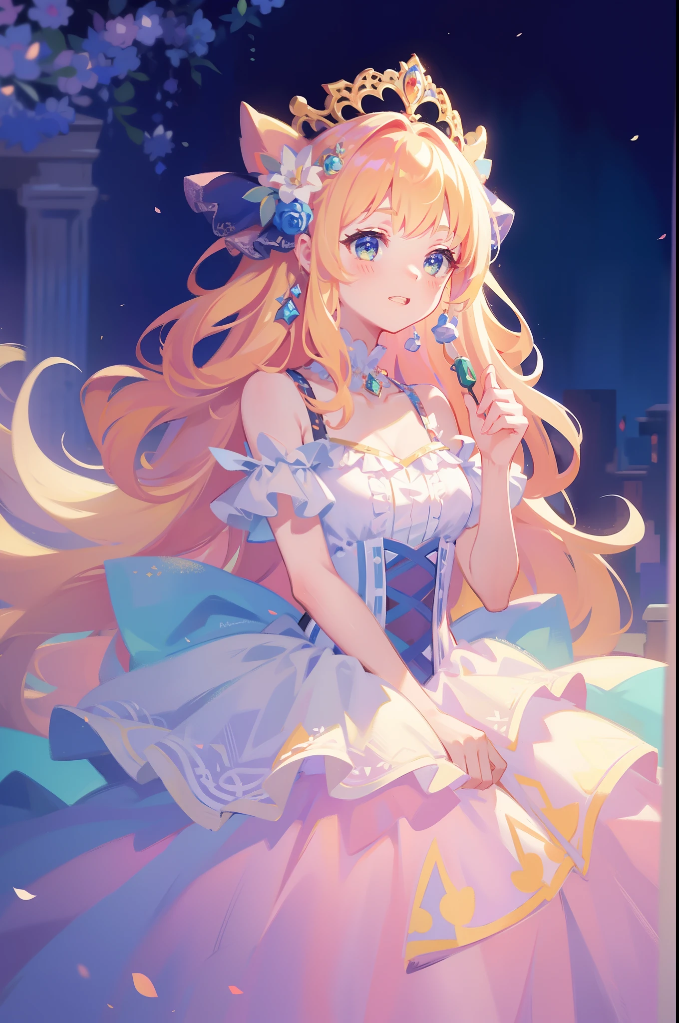 masterpiece, 8k, sharp focus, high resolution, princess, beautiful girl, fantasy princess dress, puffy multi-layered tiered ballgown, corset, collar, sharp focus, intricately detailed dress design, colorful, whimsical, fantasy, magical