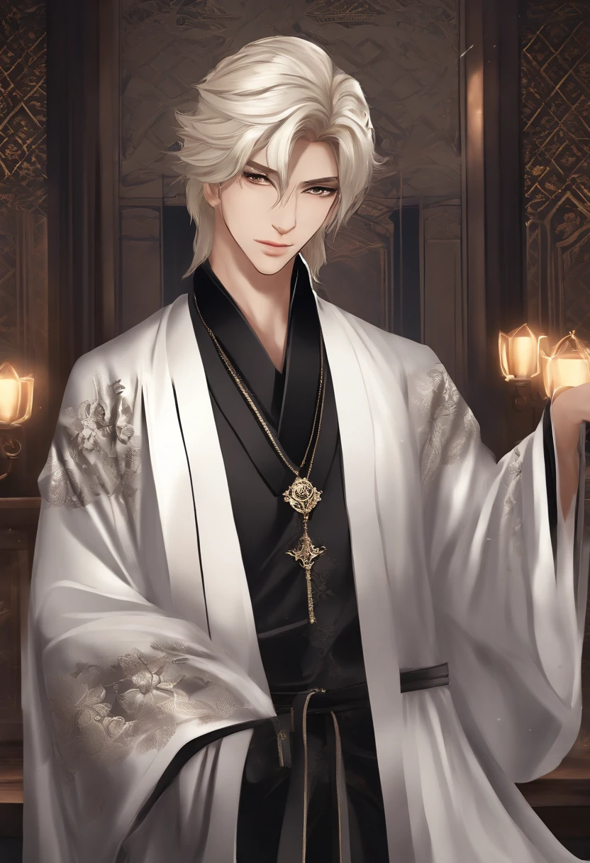 Anime - style image of a guy in a black shirt and black tie, gapmoe yandere grimdark, inspired by Okumura Masanobu, inspired by Okumura Togyu, ((In an aristocratic robe)), IMVU, inspired by Awataguchi Takamitsu, silver eyes, body complet, 2 b, 2b, lineless