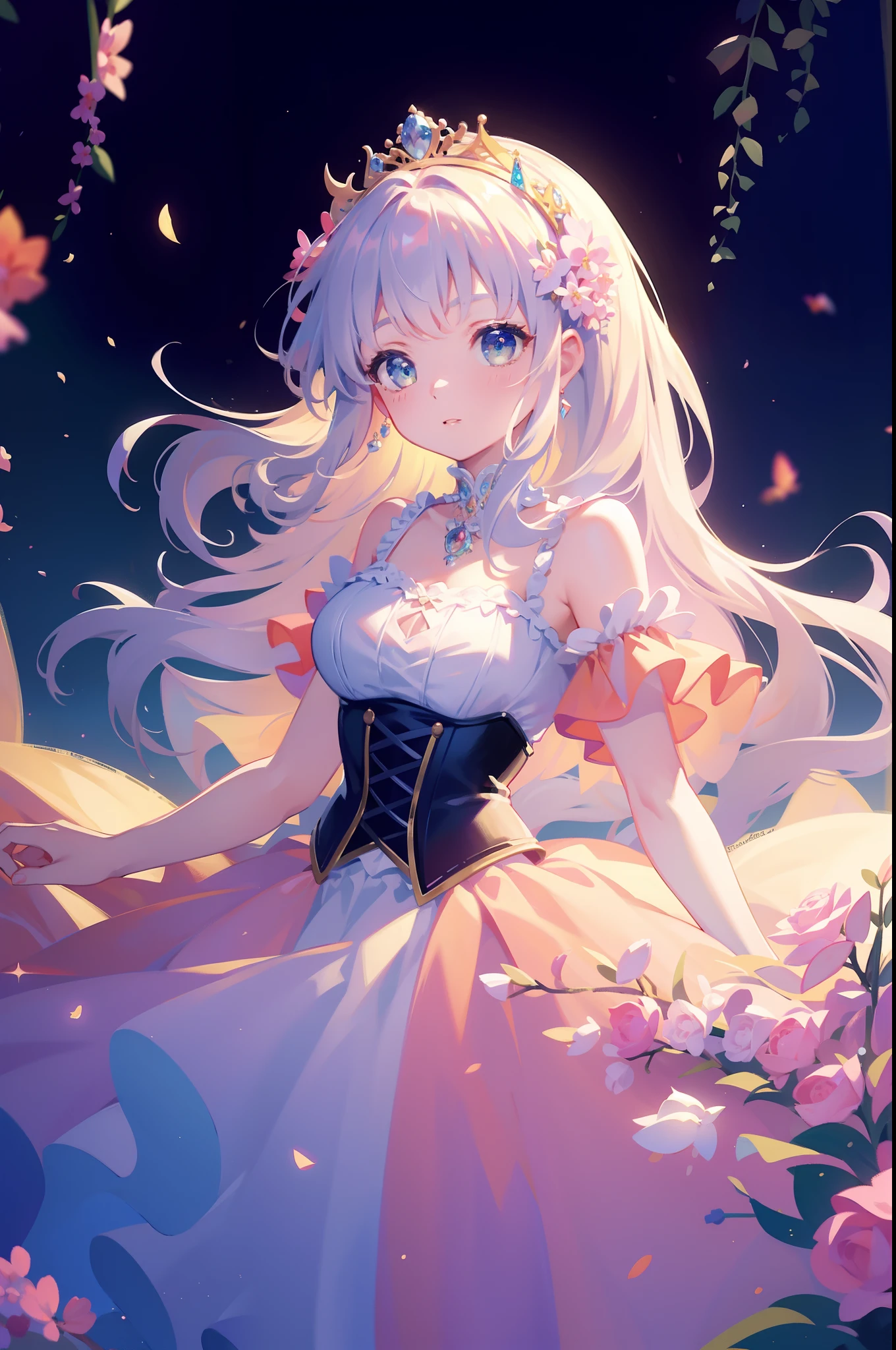 masterpiece, 8k, sharp focus, high resolution, princess, beautiful girl, fantasy princess dress, puffy multi-layered tiered ballgown, corset, collar, sharp focus, intricately detailed dress design, colorful, whimsical, fantasy, magical