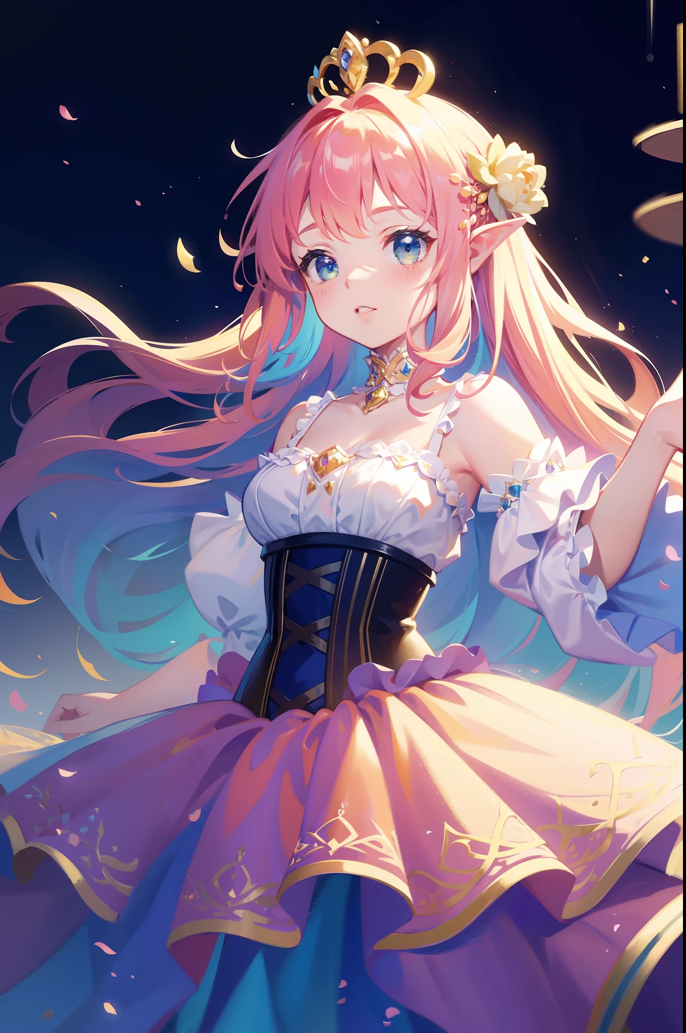 masterpiece, 8k, sharp focus, high resolution, princess, beautiful girl, fantasy princess dress, puffy multi-layered tiered ballgown, corset, collar, sharp focus, intricately detailed dress design, colorful, whimsical, fantasy, magical