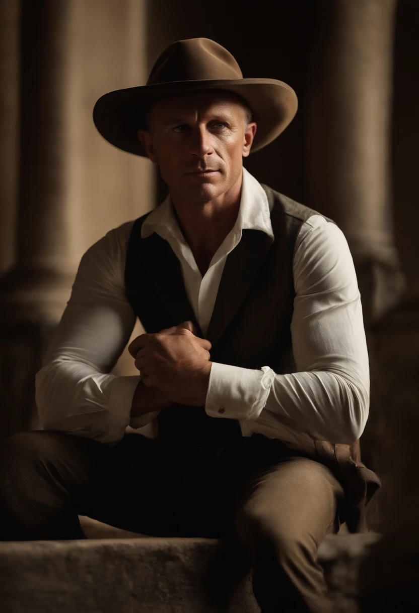 Retrato masculino, um Homem bonito, olhos claros compenetrantes, looking-into-camera, Smile and slightly sensual expression,  a Versao madura do Daniel craig, Revealing Gaucho Traditionalist Costumes, He wore all his clothes, Wide-brimmed leather cattle dog hat, camisa Jeans com as mangas dobradas, with olive green bombacha not too wide with cufflinks that protruded below the knees to the ankles, About Falls(desabotuadas) On the feet they wore black espadrilles. Acrylic painting, Pincelada arrojada e expressiva, estilo impressionista, Epic surreal background, pinceladas muito pesadas com tinta texturizada grossa, Specialized lighting and shadows, alto contraste, pintura de arte, um chiaroscuro barroco de Caravaggio.