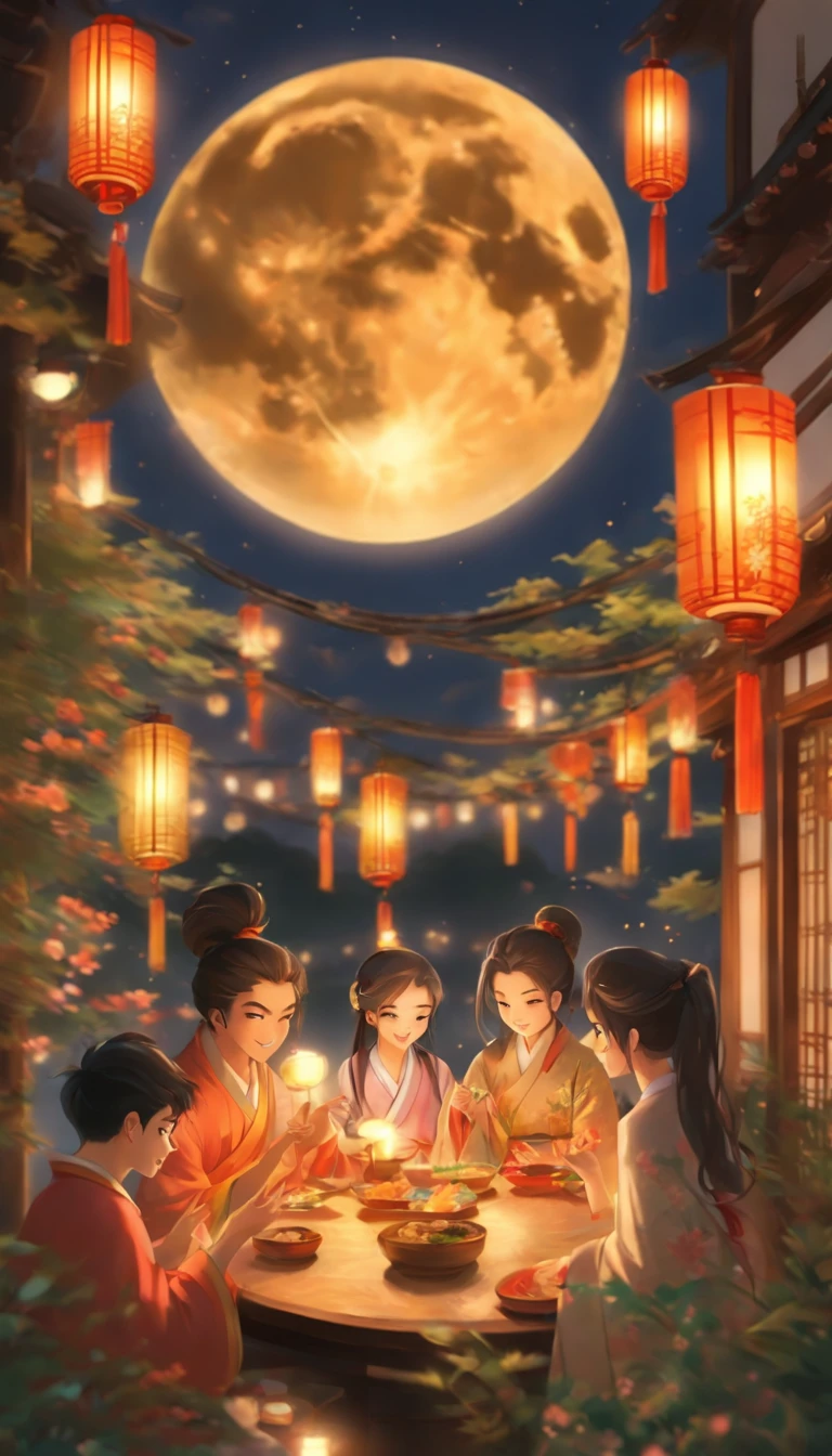 The family sits together, Enjoy a festive dinner, Surrounded by a warm and comfortable atmosphere. The room was beautifully decorated，Equipped with lanterns, Symbolizes the joy of the Mid-Autumn Festival. The table is filled with a variety of delicacies, Includes traditional mooncakes. Moonlight shone through the windows, Cast a soft glow on everyone's face. The family laughed and chatted, Express their love and happiness on this special occasion. The artwork is created with the finest materials, Such as oil painting or high-resolution digital rendering, Ensure the highest quality and detail. The colors are vivid and vibrant, Create visually stunning representations for holiday celebrations. Well-designed lighting, Focus on capturing the warm and tranquil atmosphere of the evening. The artwork is a masterpiece, With ultra-fine elements and realism, Photorealistic style. The moon in the night sky is depicted as a perfect circle, Represents the full moon of the Mid-Autumn Festival. The scene was full of fun, Love, and togetherness, Capture the essence of the festival.You can see the round moon hanging high
