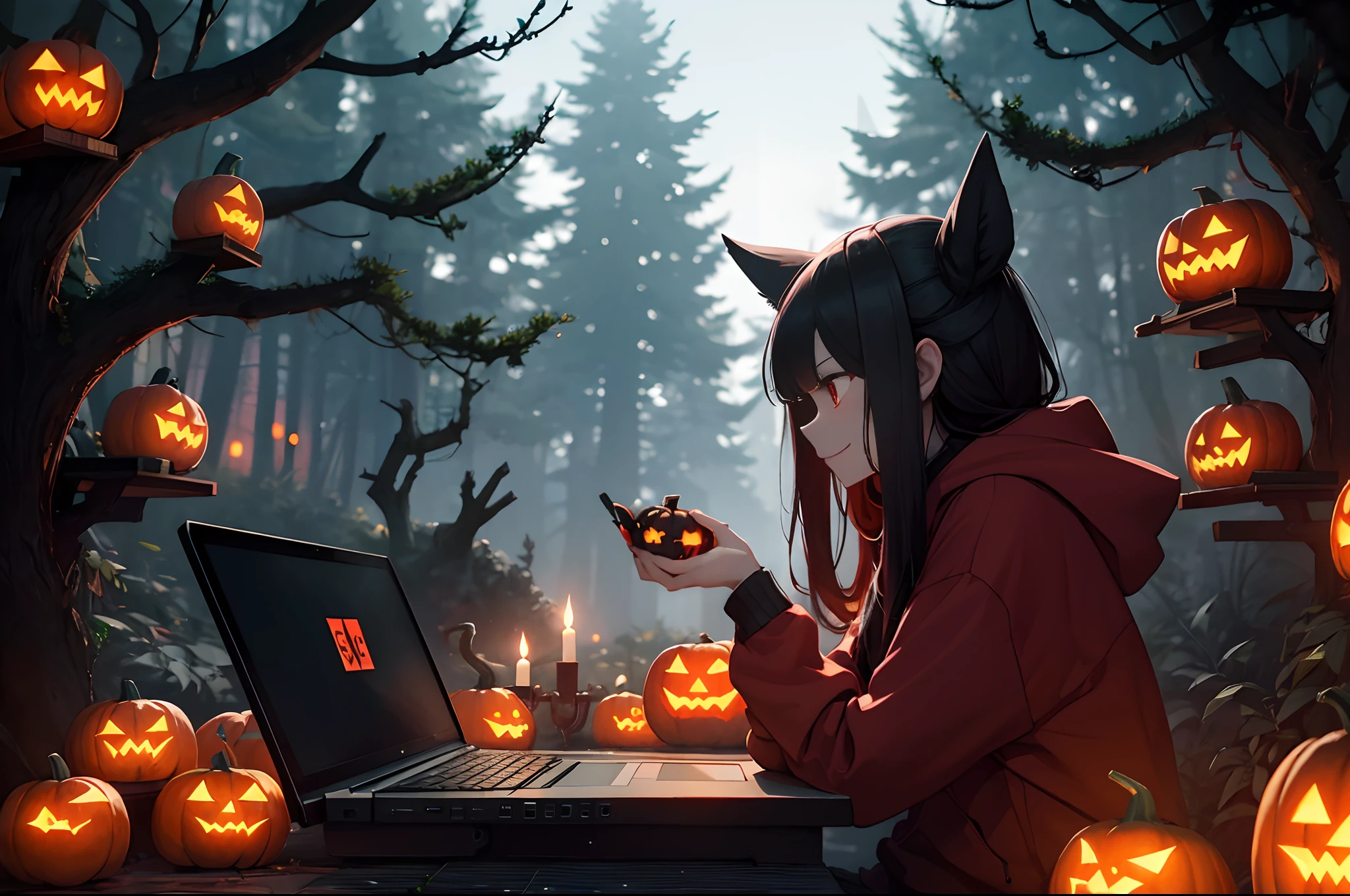 Dark forest, side view of a female Chinese hacker with red hoodie typing on laptop, pumpkins carved with sinister smiles, moss, skull, pomegranates. Obscure. Illuminated by torches inside the pumpkin, candles, screen, moonlight. Great angular, great depht of field.