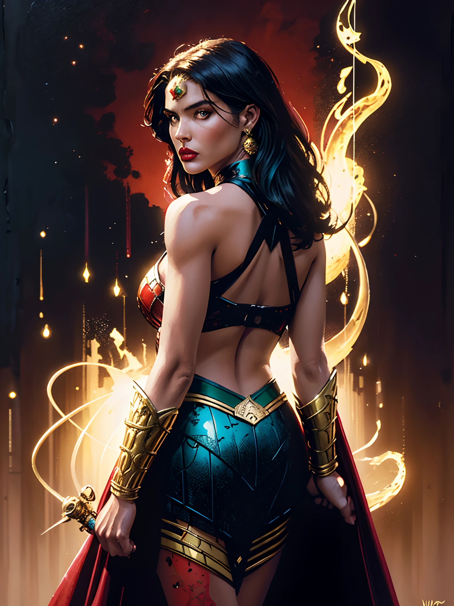 a Inca warrior woman (Jesica Alba :1.1) red lips, green eyes, 40k + female + Warrior + red Hood + back armor + LightGeen detailed + golden ornaments8k resolution photo realistic masterpiece: by Aaron Leonardo Davin chi : intricately detailed fluid gouache painting: by Jean Baptiste Mongue: calligraphy: acrylic: colorful, cinematic lighting, maximalist photoillustration: by marton bobzert: 8k resolution concept art intricately detailed, complex, elegant, expansive, fantastical, psychedelic realism,
