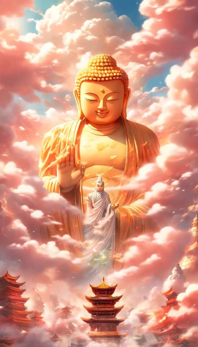 ((masutepiece))，(Best Quality))，china style，In the sky, The clouds form a huge transparent and shining white jade Maitreya Buddha image，Thick clouds，sun shining，Pilgrims on the road，Hyper-realistic，Ultra photo realsisim，Real Photographics，8K，High Definition，high quarity，Works of masters，super-fine，（（（OC Renderer）））