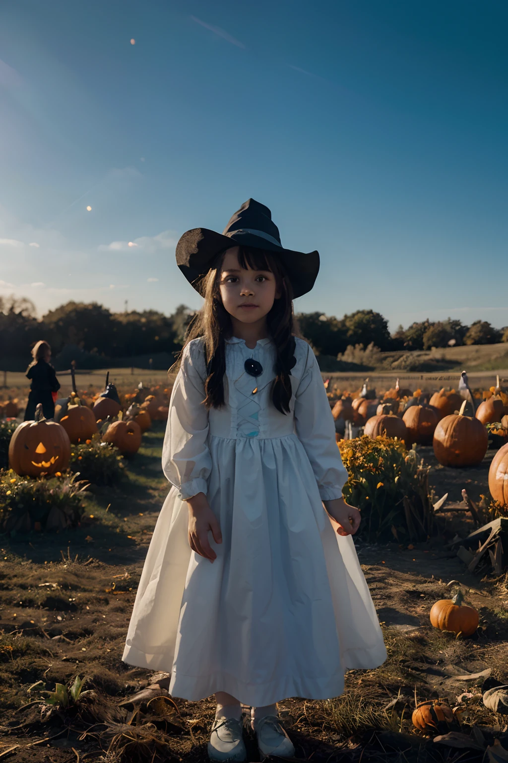 child in a witch's outfit, white and light blue clothes, in the middle of a Halloween pumpkin patch, American animation style, intense light, particles of magic in the air, pleasant atmosphere