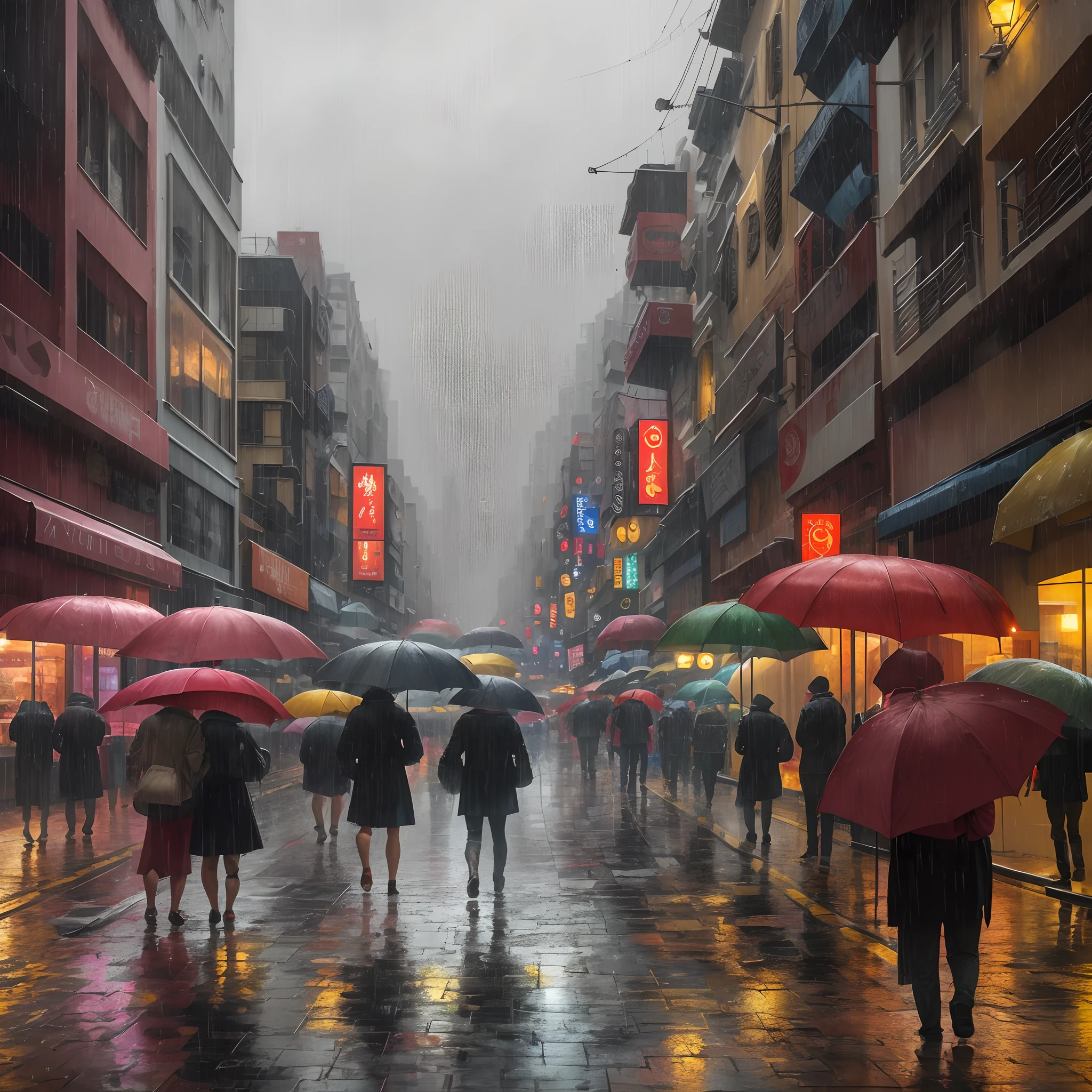 Create a vivid image of the city center on a rainy day, where people on the streets are taking shelter under umbrellas and awnings, seeking protection from the torrential rain. --auto --s2