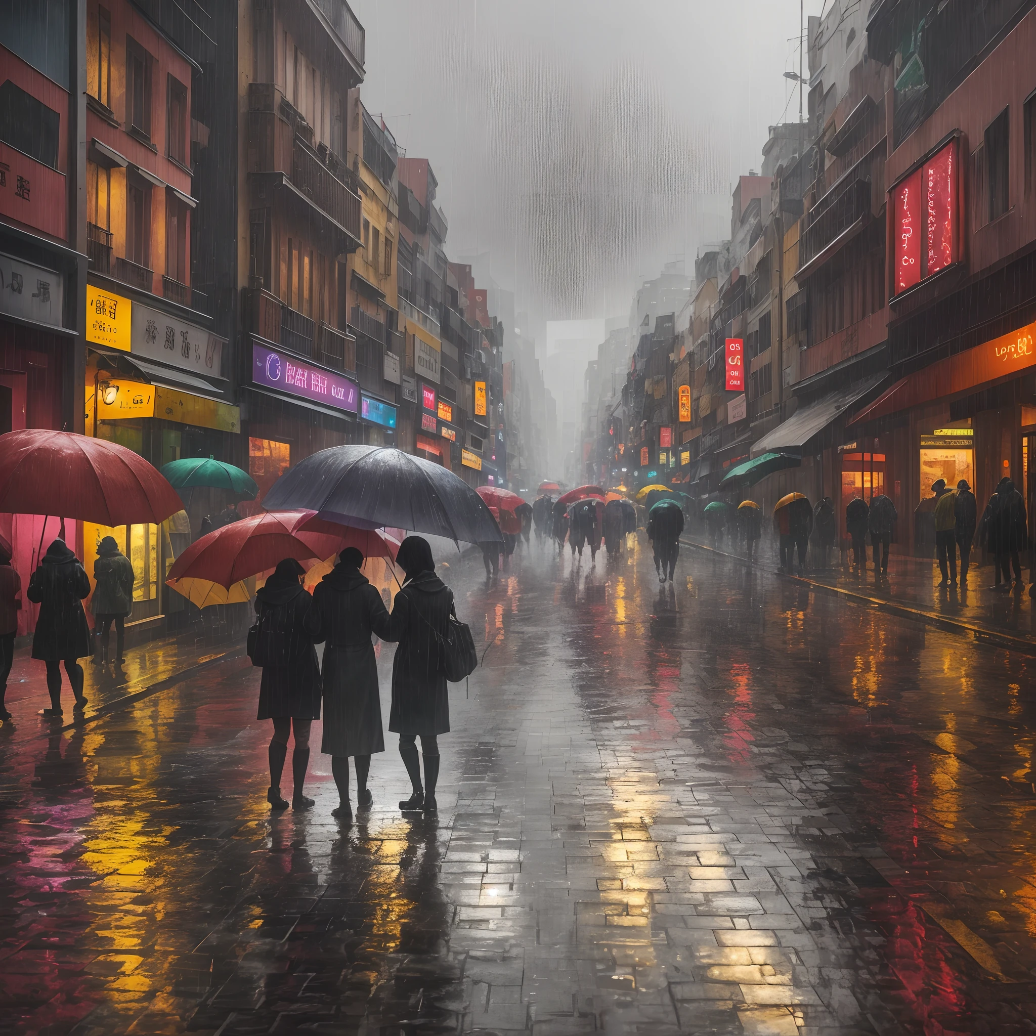 Create a vivid image of the city center on a rainy day, where people on the streets are taking shelter under umbrellas and awnings, seeking protection from the torrential rain. --auto --s2