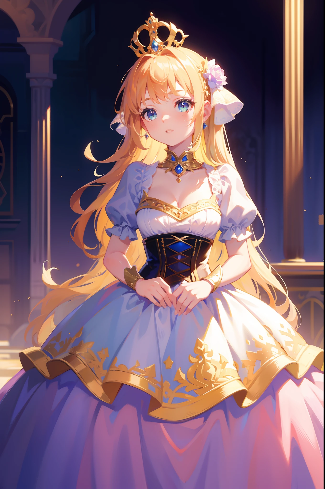 masterpiece, 8k, sharp focus, high resolution, princess, beautiful girl, fantasy princess dress, puffy multi-layered tiered ballgown, corset, collar, sharp focus, intricately detailed dress design, colorful, whimsical, fantasy, magical