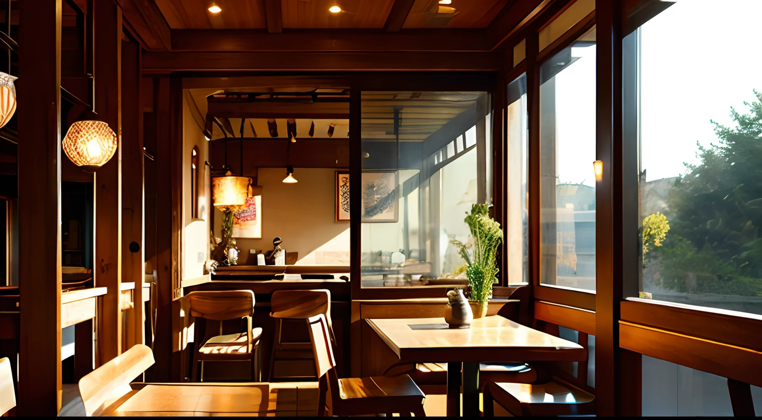tea shop、Light from the window、desk、a chair、wooden、inside restaurant