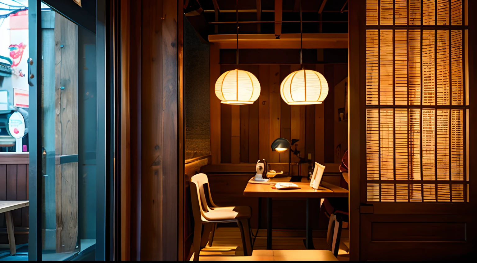 tea shop、Light from the window、desk、a chair、wooden、inside restaurant