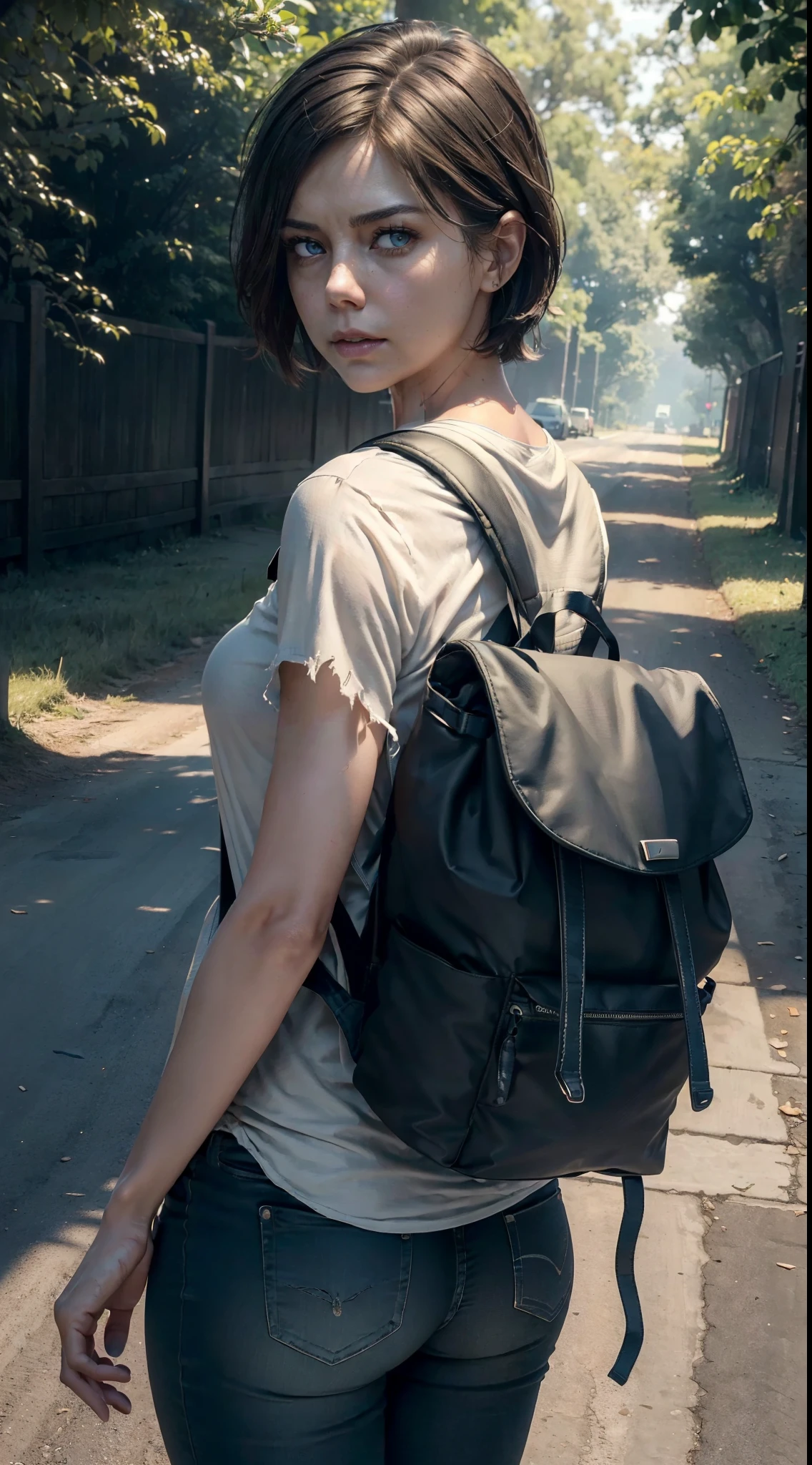 ((back view)), ((ultra high definition)), ((ultra high resolution)), ((full sharpness)), ((Masterpiece)), ((maximum quality)), ((Cinematic)), ((8k)), ((Maggie Greene/Lauren Cohan)), ((totally identical to the series)), ((The Walking Dead Series)), ((alone)), ((full body)), ((ultra detailed face)), ((ultra detailed eyes)), ((ultra realist eyes)), ((ultra detailed irises)), ((same irises)), ((perfect irises)), ((perfect body)), ((ultra delicate hands)), ((ultra detailed hands)), ((small hands)), ((ultra detailed fingers)), ((natural lighting)), ((smooth skin)), ((totally ultra realistic)), ((repeat the same face)), ((always the same face)), ((repeat always the same face)), ((always the same body)), ((always the same proportions)), ((always the same clothes)), ((looking at the camera)), ((completely transformed into a zombie)), ((torn and bloody clothes)), ((ass view)), ((with a backpack on your back))