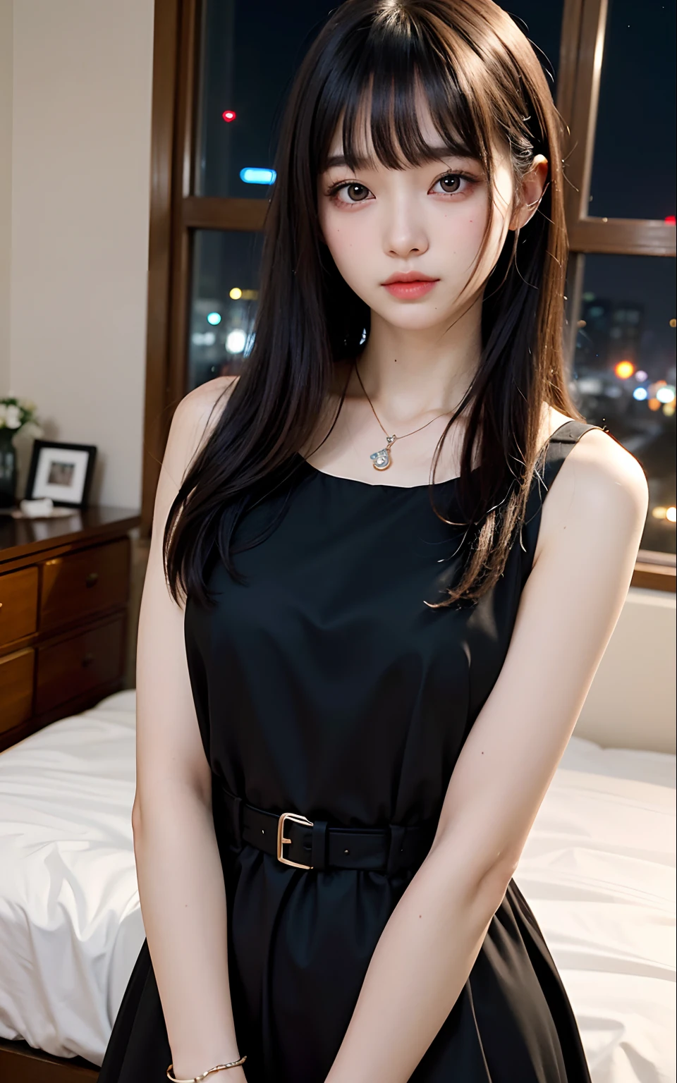 ((top-quality))、(Masterpiece 1.4)、Raw photography、8K、((Top image quality))、 ((超A high resolution))、Beautiful face in every detail、Realistic human skin、Gentle expression、(nighttime scene:1.4)、Farbe々From an angle、realisitic、Photorealsitic、(((length hair)))、(((Woman Too Beautiful)))、((Beautie))、(Beautiful hair)、(Red cheeks)、((big eye))、22-year-old beauty、Neat and clean woman、Beautiful Japan Woman、With bangs、Neat and clean girl、(((Neat and clean beauty)))、(Beautiful woman that everyone falls in love with)、Straight hair、((Smaller face))、long neck、pale skin、Spot-free skin、((Black Dress))、a necklace、((Luxurious room))、Perfect Body Beauty、Arch the back、9 heads tall、Party、((seductiv))、(Everyone longs for)、((Beauty that no one can stain))、A bracelet、
