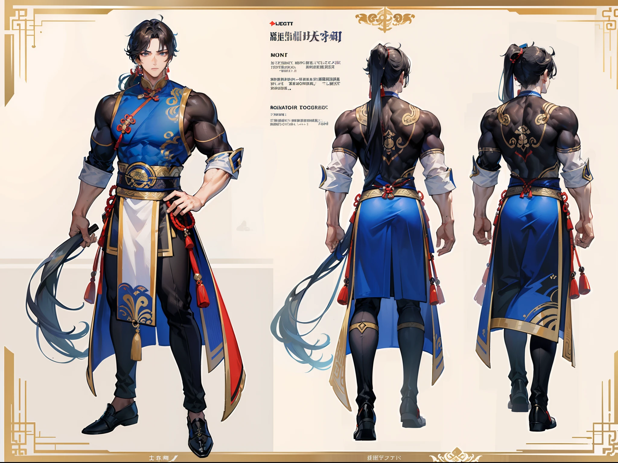 ((Masterpiece, Highest quality)), Male, boy, Detailed face, character design sheet, full bodyesbian, Full of details, frontal body view, back body view, Highly detailed, Depth, Many parts, Muscle boy with ponytail long brunnete hair,handsome man, muscle body, Traditional chinese clothes, Genshin Impact, man tall,