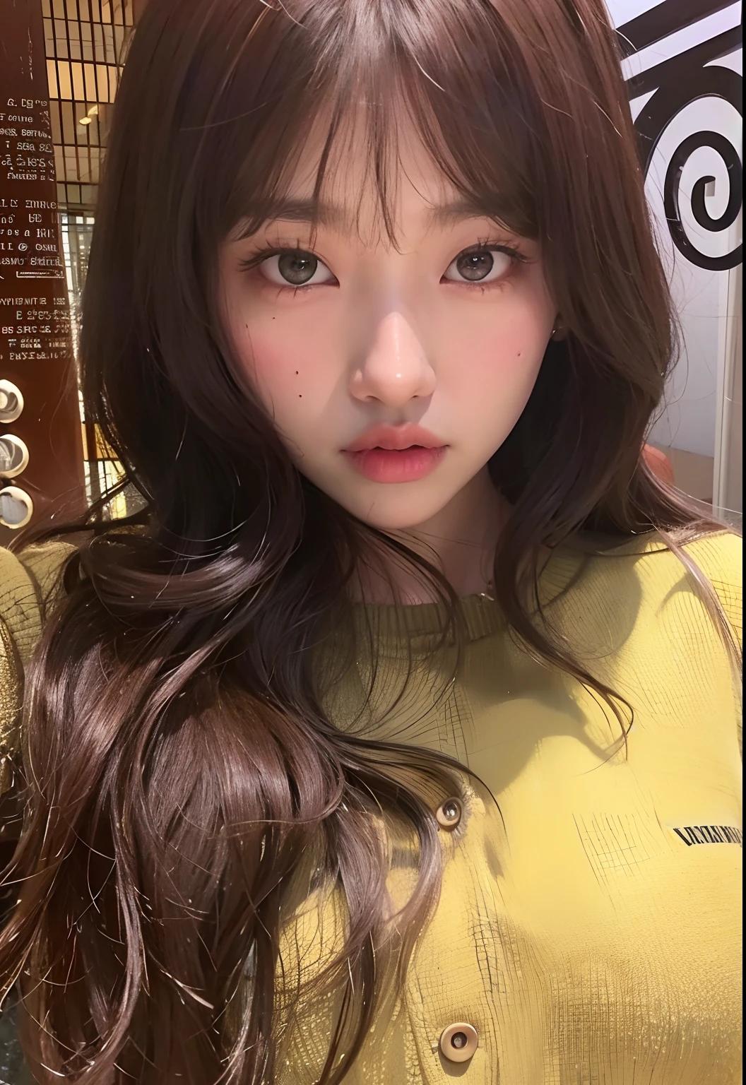 Close up of woman with long hair wearing yellow sweater, resin drainage, Larisa Manoval, sun yunjoo, Imposter, Best Face, Larissa Manoban of Blackpink, Chiho, Jinyoung Shin, Wow lovely Korean face, Shikamimi, Jaeyeon Nam, jimin park, Imposter completo, Fluffy bangs