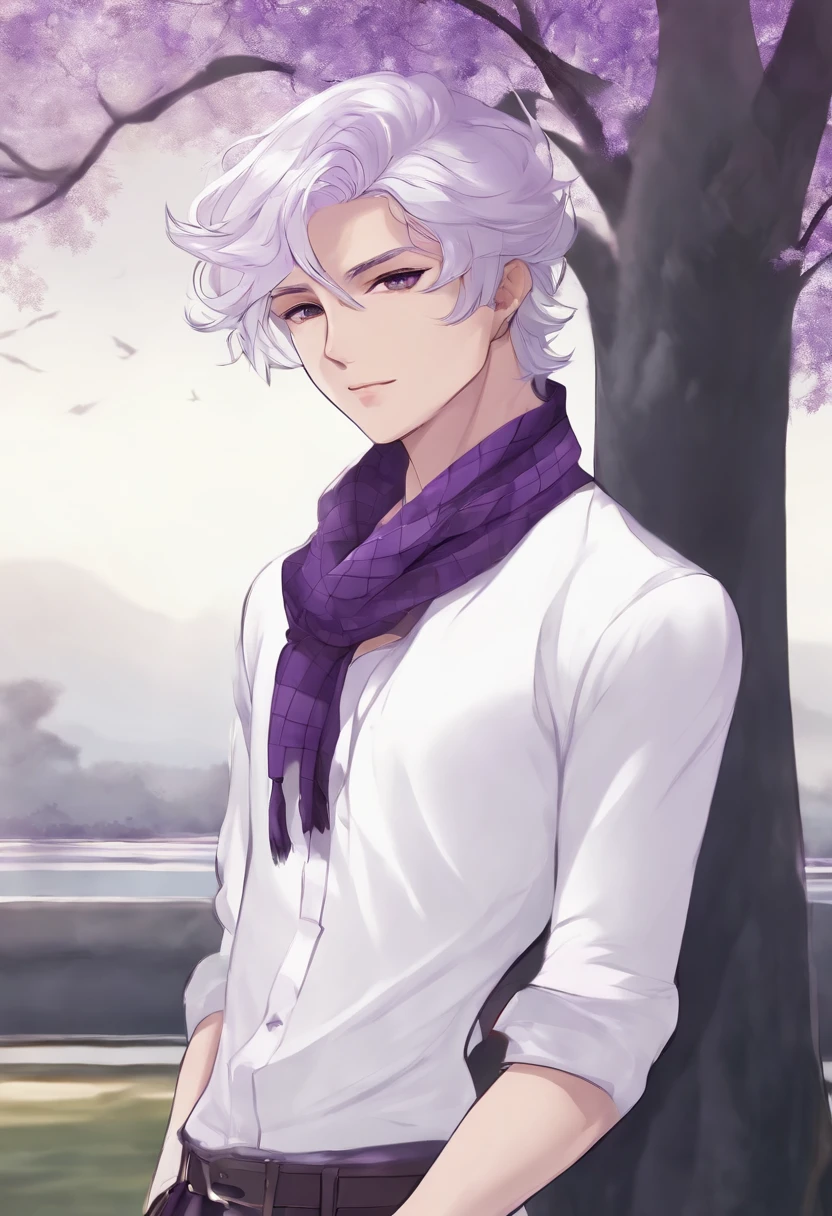 Anime style image of a guy in a white shirt with grown hair of medium length purple color white pants pale skin purple eyes checkered black and white scarf