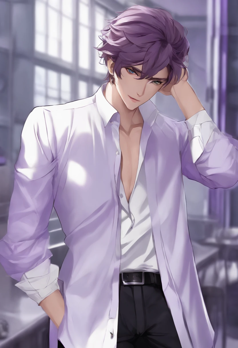 Anime style image of a guy in a white shirt with grown hair of medium length purple color white pants pale skin purple eyes checkered black and white scarf