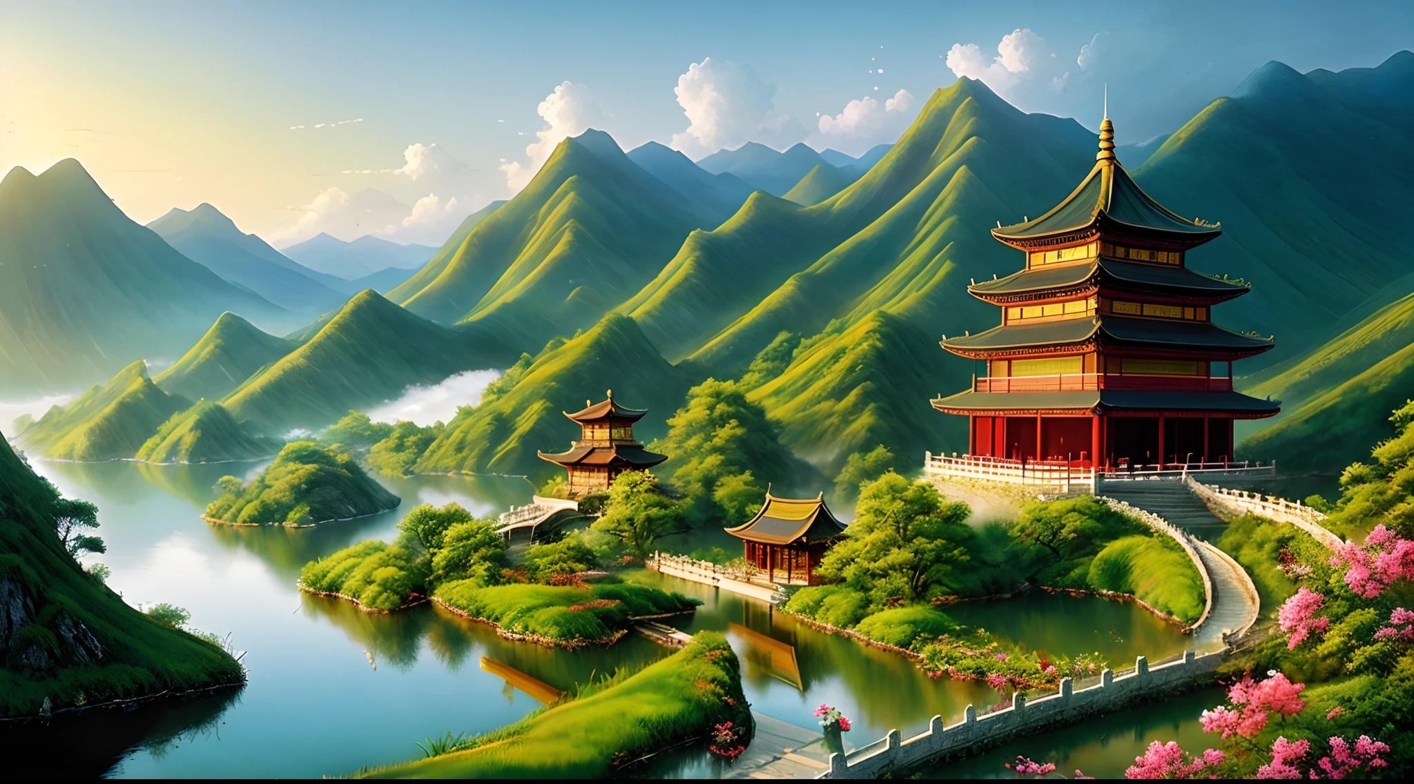 In the morning,Chinese architecture on the mountain,Magnificent,John Howe view,Lake,China,Dragon,Clouds,Farm,Lupu fairy tales,Light effect,Dream,greg rutkovsky,art  stations