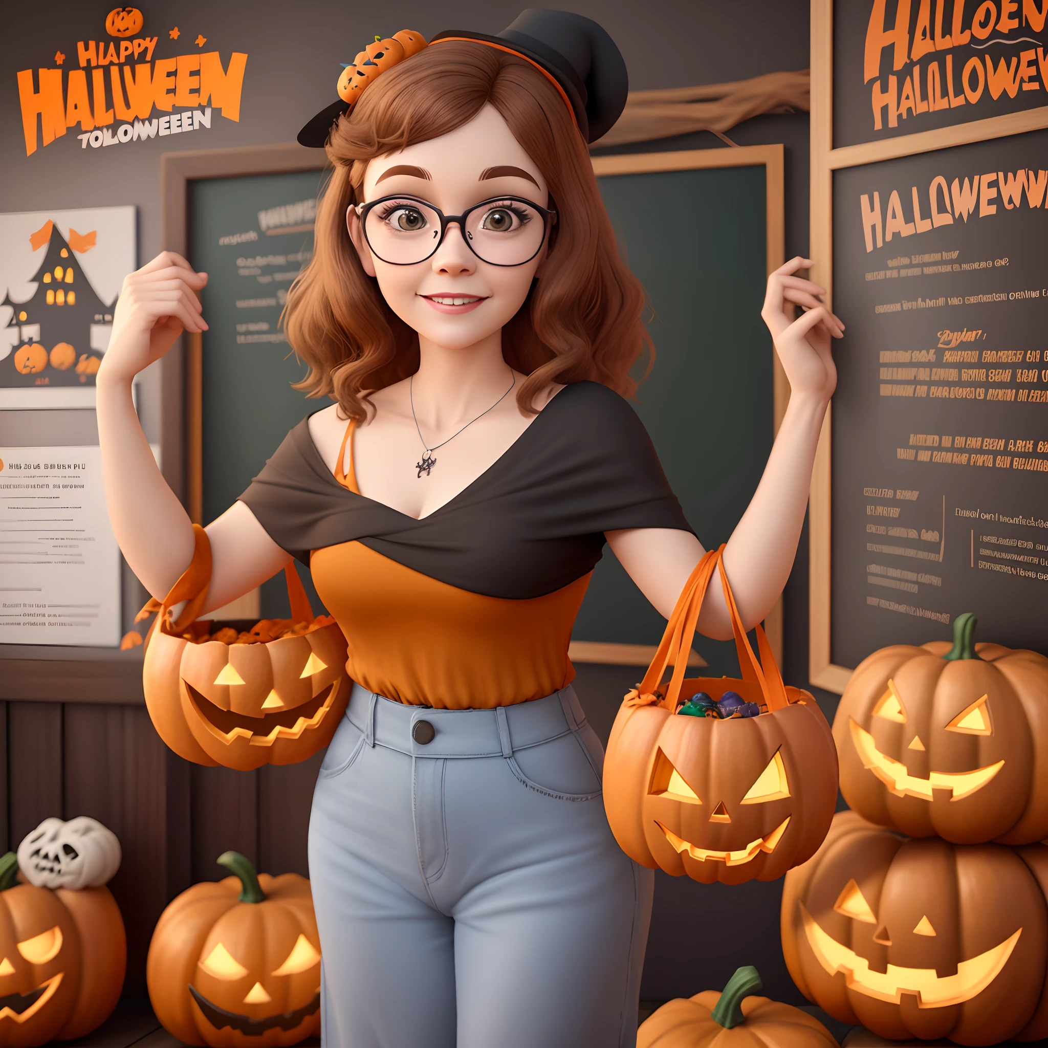 Pixar Style: cute cartoon Style of an busy 41 years old teacher making Halloween decoration with light brown hair, no face glasses, poster, photo, 3d render, parent fashion 4, Diiisney Piiixar posters movie, title: Nelinha da pão and the Halloween decorations