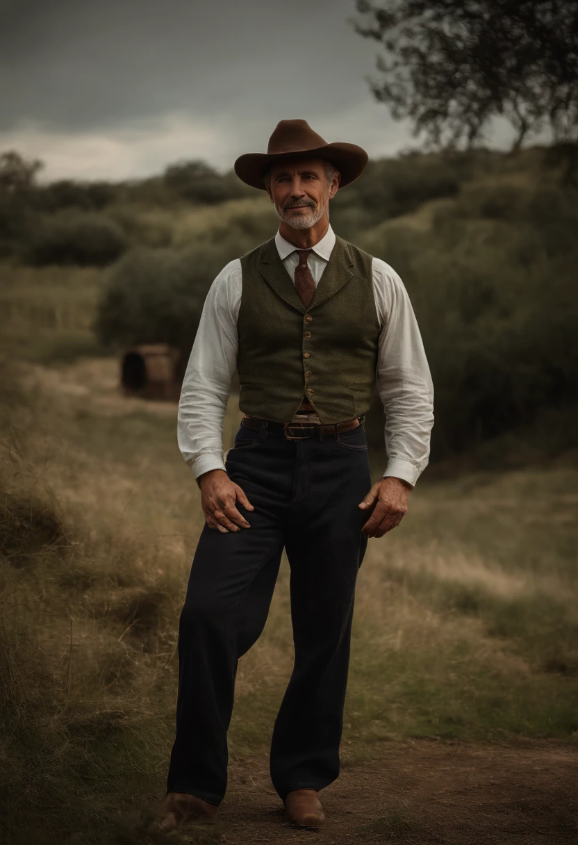 Retrato masculino, um Homem bonito, olhos claros compenetrantes, looking-into-camera, Smile and progressively sensual expression, the mature version of Northern Irish actor George Raymond "Ray" Stevenson, in traditional gaucho clothing, dress up all the outfit, Wide-brimmed leather cattle dog hat, camisa Jeans com as mangas dobradas, with olive green bombacha not too wide with cufflinks that protruded below the knees to the ankles, About Falls(desabotuadas) On the feet they wore black espadrilles. Acrylic painting, Pincelada arrojada e expressiva, estilo impressionista, Epic surreal background, pinceladas muito pesadas com tinta texturizada grossa, Specialized lighting and shadows, alto contraste, pintura de arte, um claro-escuro barroco de Caravaggio.