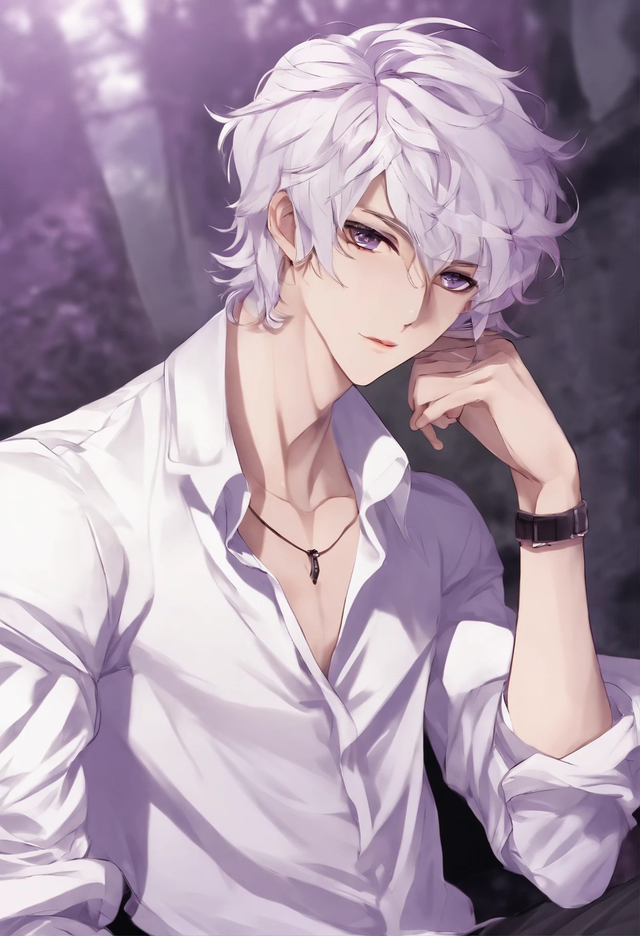 Anime style image of a guy in a white shirt with grown hair of medium length purple color white pants pale skin purple eyes checkered black and white scarf