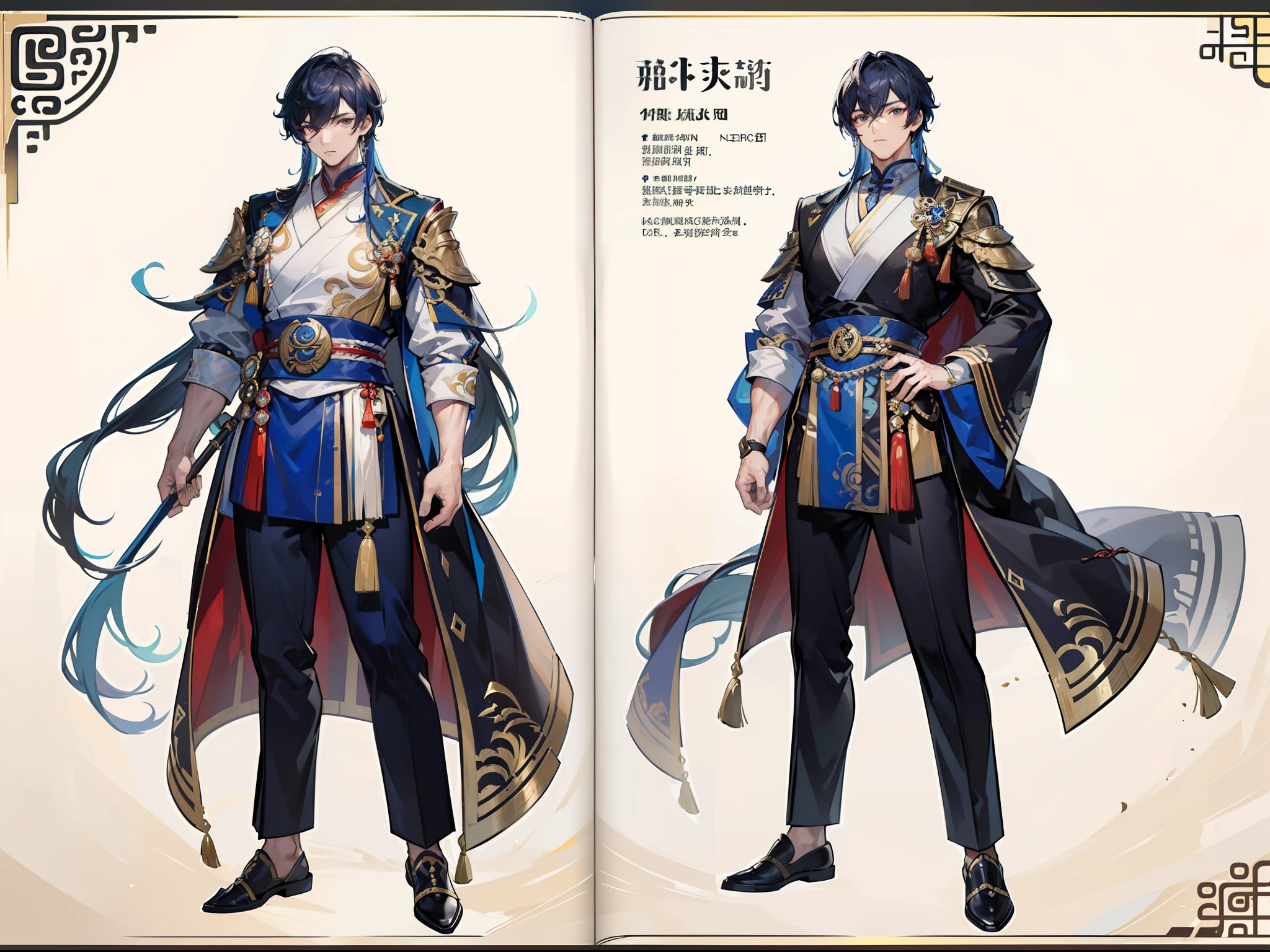 ((Masterpiece, Highest quality)), Male, boy, Detailed face, character design sheet, full bodyesbian, Full of details, frontal body view, back body view, Highly detailed, Depth, Many parts, Muscle boy with long brunnete hair with long bangs,handsome man, muscle body, Traditional chinese clothes, Genshin Impact, man tall
