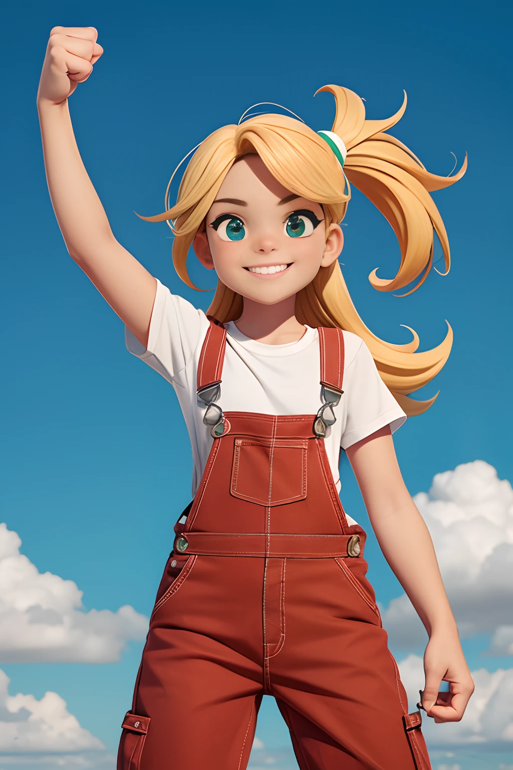 Menina dos desenhos animados, with a fist in hand, Pointing his arms to the sky, wearing overalls, blonde hair, olhos verdes, sorridente, (red pants: 1.1), (Green suspenders: 1.1) , Several different angles, fundo simples, Same Reference Character,  testa, Costas, Laterais, parte de traz, folha de caracteres, (corpo inteiro: 1.2), (fundo do gradiente da branco claro: 1.1)