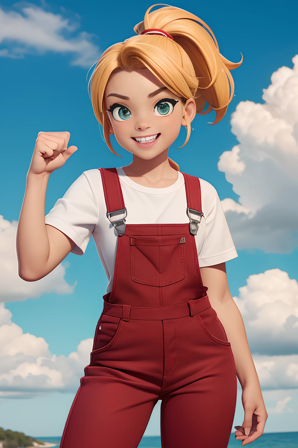 Same Reference Character,  headpe, Costas, Laterais, parte de traz, (corpo inteiro: 1.2), Menina dos desenhos animados, with a fist in hand, Pointing your arms to the sky, Eating Victory, wearing red overalls, com bolsos amarelos, blonde hair ponytail, olhos morron, sorriso mostrando os dentes, ((Feliz: 1:1)), (red pants: 1.1), (Green suspenders: 1.1), (fundo do gradiente da branco claro: 1.1)