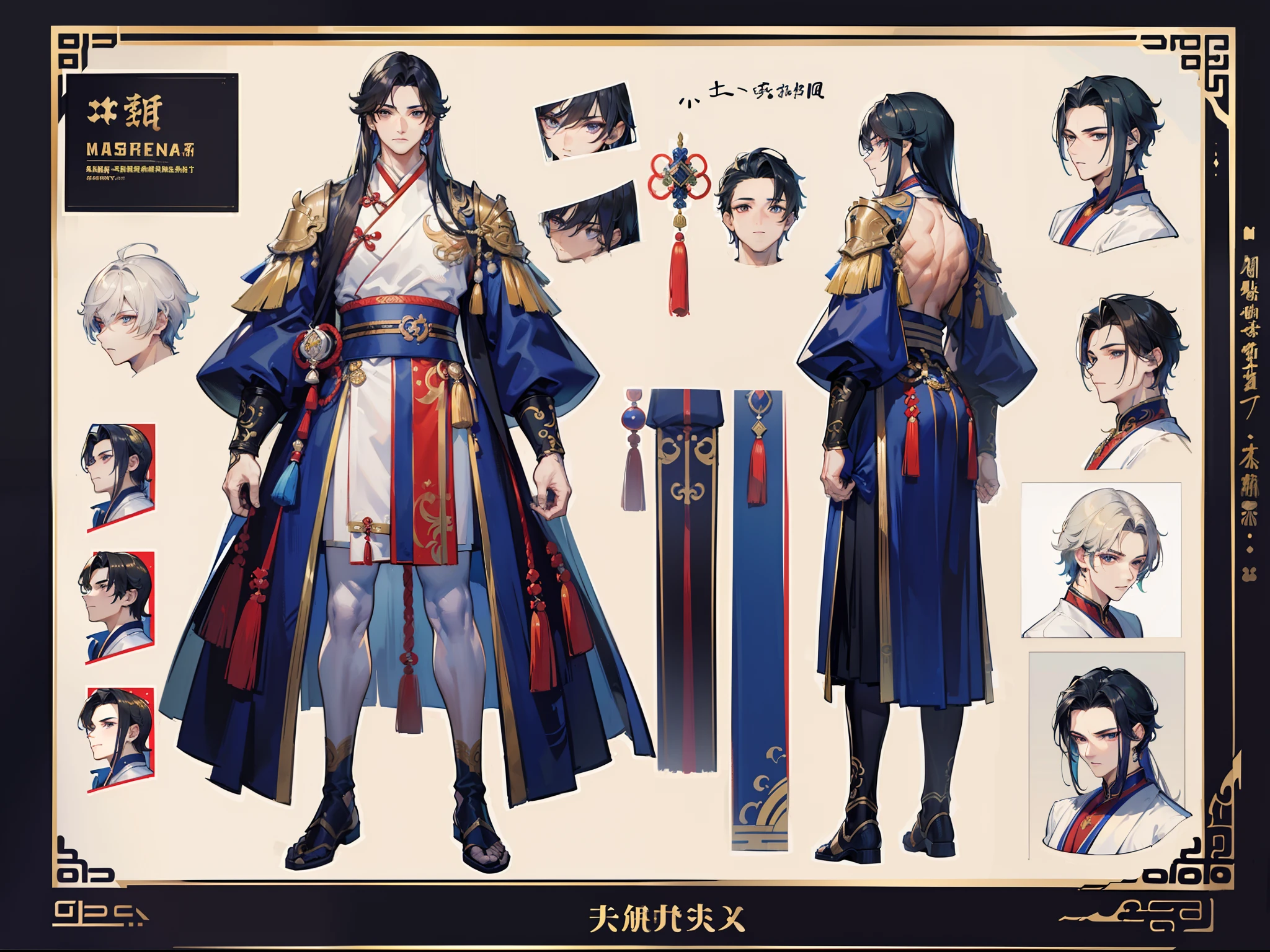 ((Masterpiece, Highest quality)), Male, boy, Detailed face, character design sheet， full bodyesbian, Full of details, frontal body view, back body view, Highly detailed, Depth, Many parts, Muscle boy with long brunnete hair with long bangs，handsome man, muscle body, Traditional chinese clothes, Genshin Impact, man tall