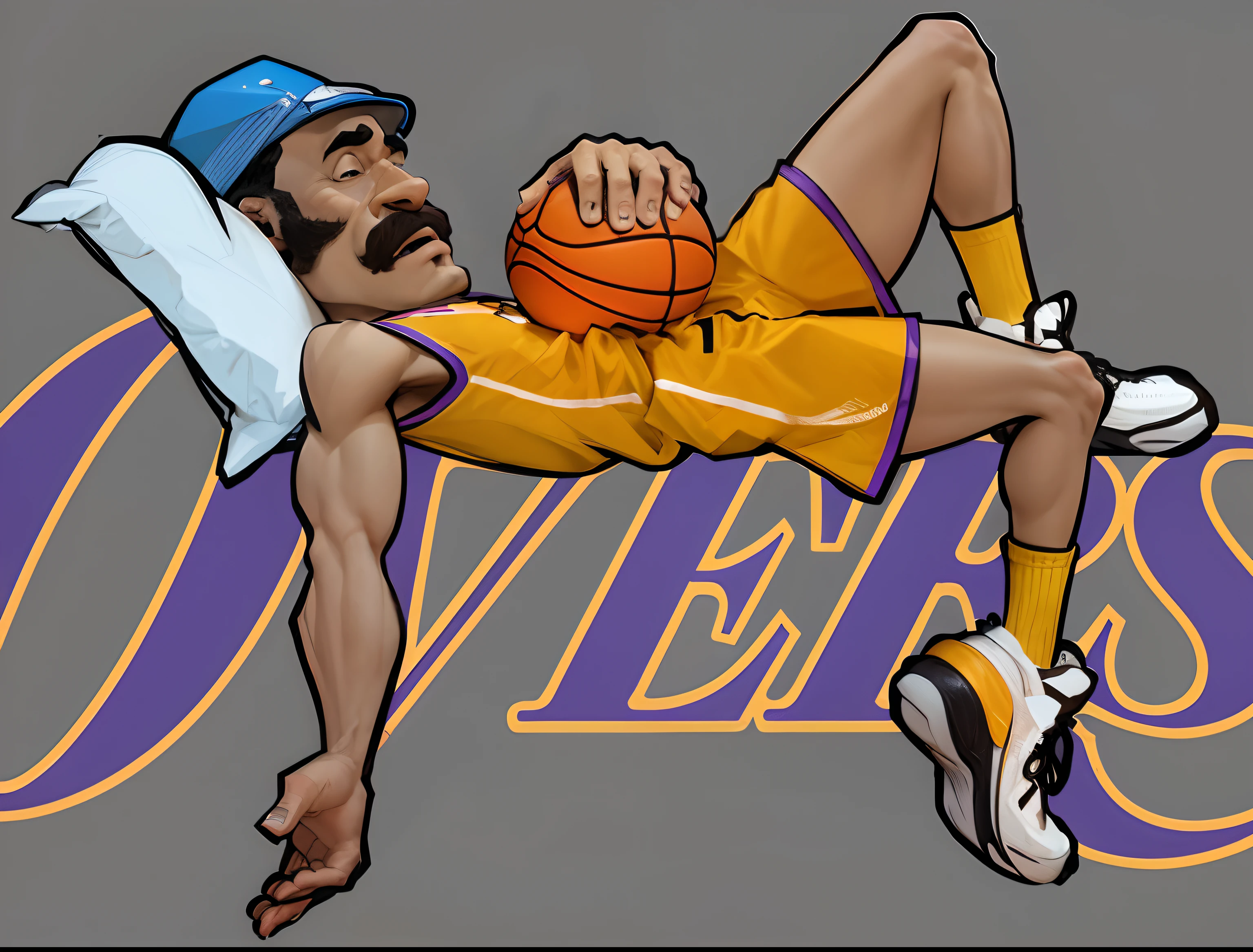 homem dormindo, uniforme dos lakers, bola de basketball, cartoon, caricatura, 3d, pixar, disney