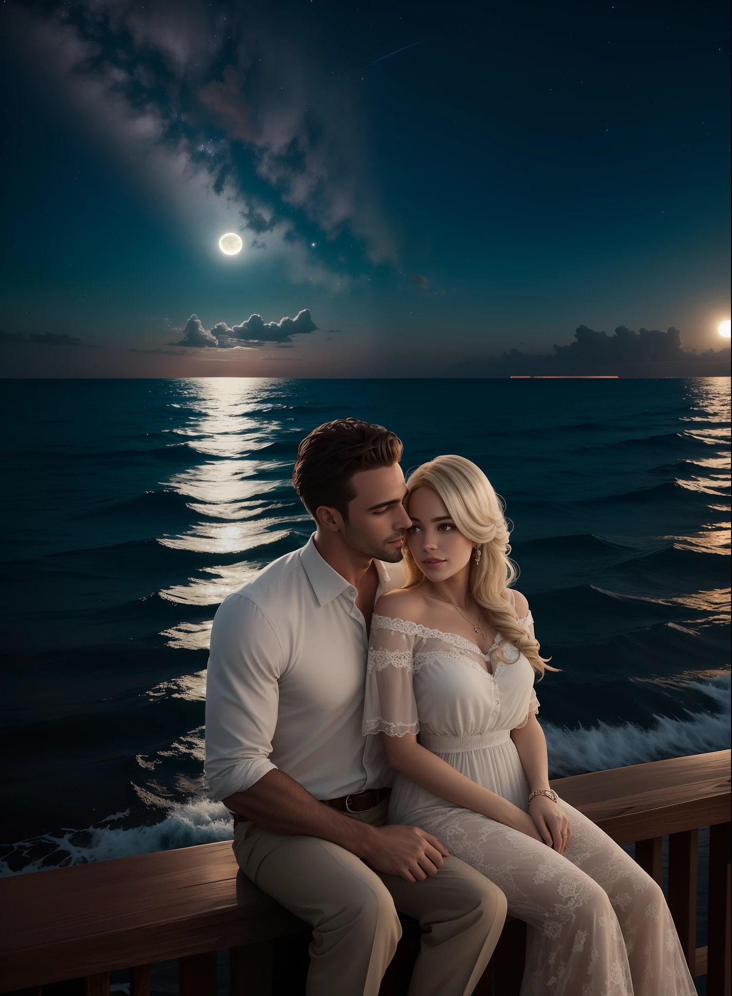 Noite de lua nova, refletia a luz do luar no mar.
Casal sentado em um banco marron, The woman is dressed in a white lace dress and the man in a dress in a beige blouse and brown pants.
She's snuggled up on his shoulder.
Eles olhando o mar.