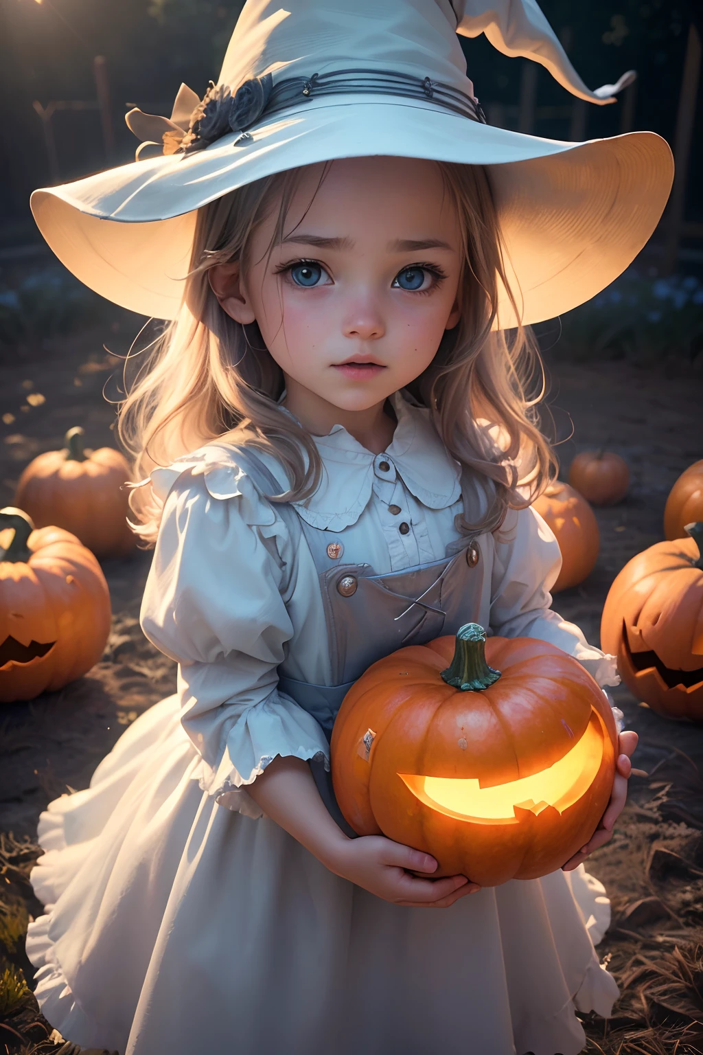 (best quality,4k,highres,masterpiece:1.2),ultra-detailed,(realistic,photorealistic,photo-realistic:1.37), in a witch's outfit,white and light blue clothes,American animation style,intense light,particles of magic in the air,pleasant atmosphere,pumpkin patch,Halloween