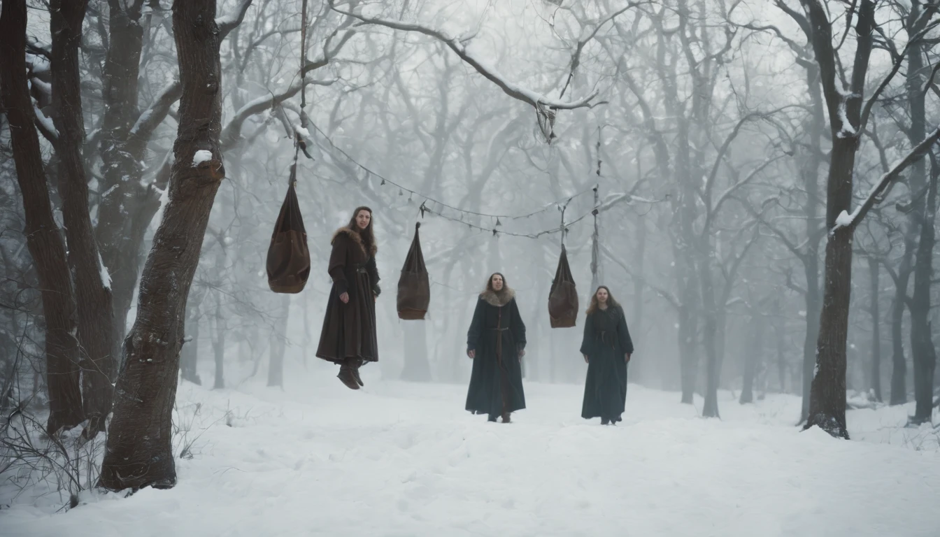(best quality, 8k, photorealistic), three medieval bodies hanging from trees by ropes, snow-covered landscape, midnight, dark and chilling atmosphere, eerie and mysterious, cinematic scene from a film, a scene that sends shivers down the spine.