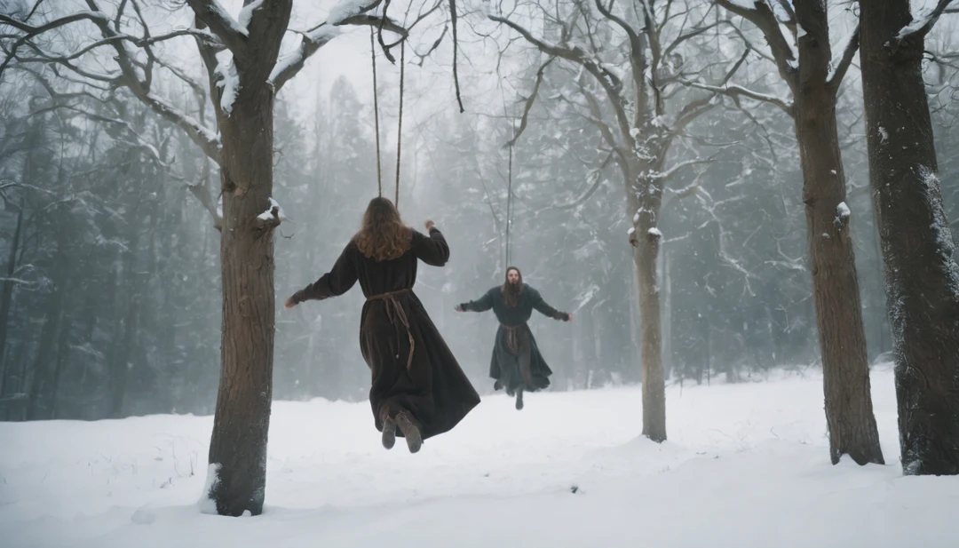 (best quality, 8k, photorealistic), three medieval bodies hanging from trees by ropes, snow-covered landscape, dark and chilling atmosphere, eerie and mysterious, cinematic scene from a film, a scene that sends shivers down the spine.