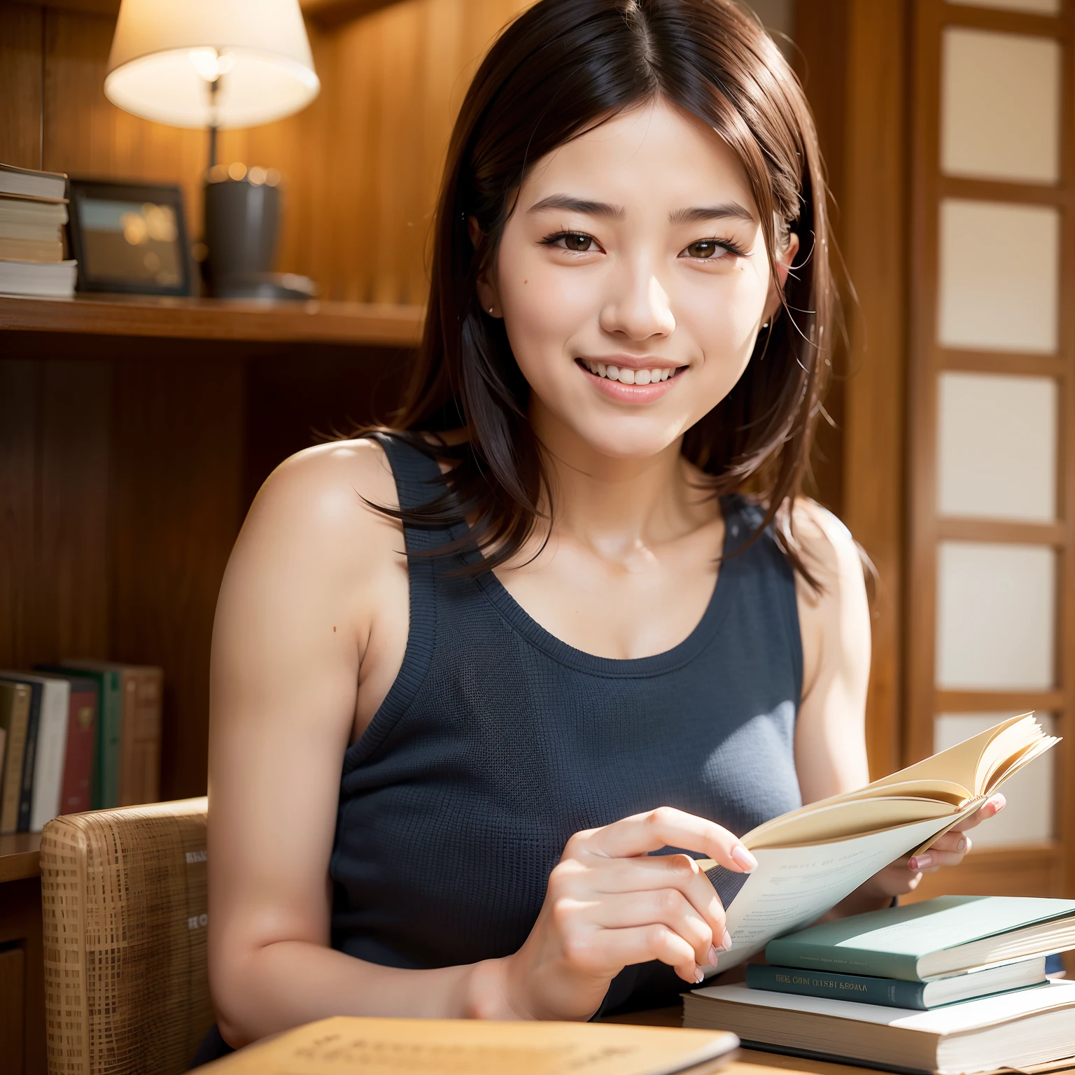 Smiling woman reading a book while drinking coffee in library, Korean Woman, asian female, Young Asian Woman, elegant japanese woman, a young asian woman, Asian Women, A Japanese Lady, beautiful Korean women, Chinese Woman, Asian Woman, Gorgeous young Korean woman, Beautiful young Korean woman, books portrait, portrait shot, Beautiful asian woman sitting