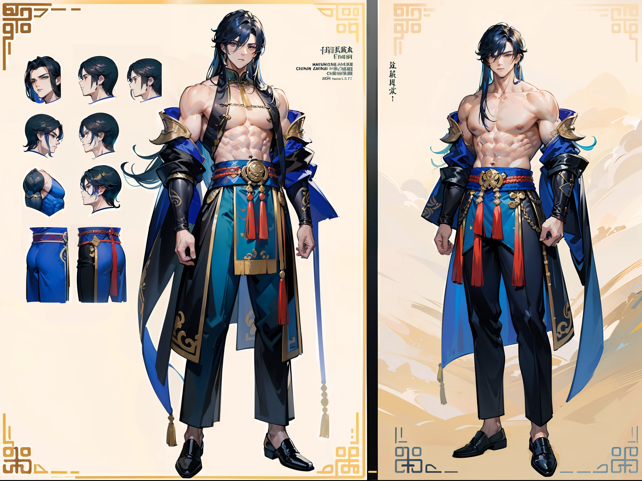 ((Masterpiece, Highest quality)), Male, boy, Detailed face, character design sheet, full bodyesbian, Full of details, frontal body view, back body view, Highly detailed, Depth, Many parts, Muscle boy with long brunnete hair with long bangs,handsome man, muscle body, Traditional chinese clothes, Genshin Impact, man tall, pectoral muscles, abs