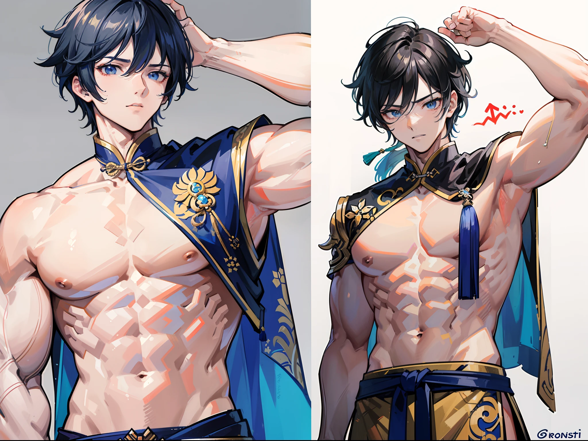 ((Masterpiece, Highest quality)), Male, boy, Detailed face, character design sheet， full bodyesbian, Full of details, frontal body view, back body view, Highly detailed, Depth, Many parts, Muscle boy with long brunnete hair with long bangs，handsome man, muscle body, Traditional chinese clothes, Genshin Impact, man tall, pectoral muscles, abs