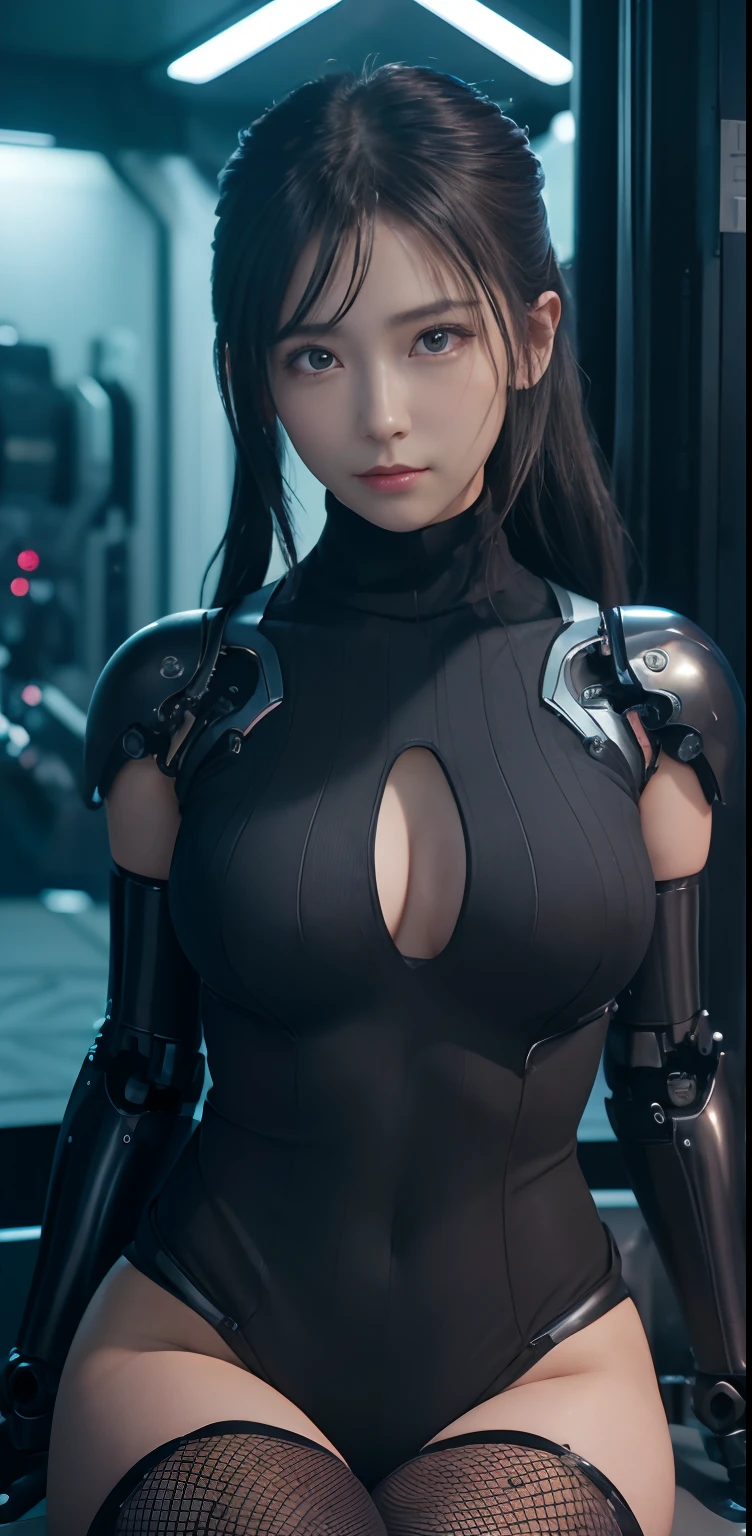masterpiece、((White turtleneck sweater))、((fishnet tights)), ((plugsuit)), ((a beauty girl:1.2))、I don't have both arms.、Some mechs、Mechanized body、Mechanized chest and abdomen、Mechanized occipital、Mechanized legs、Black metallic suit tight to the body、is standing、Tied up、Metal Robot、((Cyberpunk background))、(Neon light)、(Background of the machine shop of the future)、Cyberdyne、Artificial bodies、All-metal body、Ironwork、Abdominal mechanism、((Robotic Arms and Hands))、((Robot legs))、((Cervical part of the machine))、Inside the spaceship、a beauty girl、、Asian Beauty, (Abdomen exposes actuators and cables)、From the neck down is the body of a metal robot、Complex 3d rendering beautiful porcelain profile super detailed female android face、cyborgs、roboticparts、150mm、beautiful studio soft light、Rim Lights、vibrant detail、luxuriouscyberpunk、Ren Hao、surrealistic、Anatomical、face muscles、cable electric wires、microchips、elegent、beatiful backgrounds、octan render、HR Giger Style、8K、top-quality、masterpiece、illustratio、extremely delicate and beautiful、 extremely details CG、Unity、wall-paper、(realisitic、Photorealsitic:1.37)、astonishing、detaile、masterpiece、best qualtiy、Official art、Highly detailed CG Unity 8k wallpaper、absurderes、incredibly absurdness、、机器人、Silver Halmet、full body Esbian、sitting on
