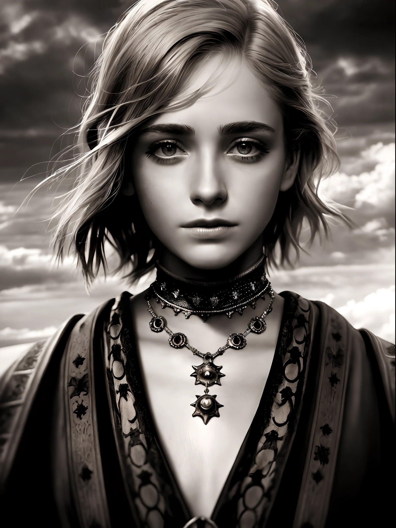 Masterpiece, Realistic, Photorealistic, Ultra Detailed, 8K, RAW photo, Depth of field, Realistic light, cinematic  composition, Celestial landscape with clouds,  nightfall, 35 mm, medieval aesthetic, Live Gargoyle, on the roof of Notre Dame Cathedral, no human, full-length portrait,  Short Hair Hair, fluttering in the wind, Smudge contour, Cute sexy, pleasure, Depth of field, (focus: 1.2), Dark atmosphere, Cinematic lighting, Detailed face and skin texture, Historical style of the film, Faded colors