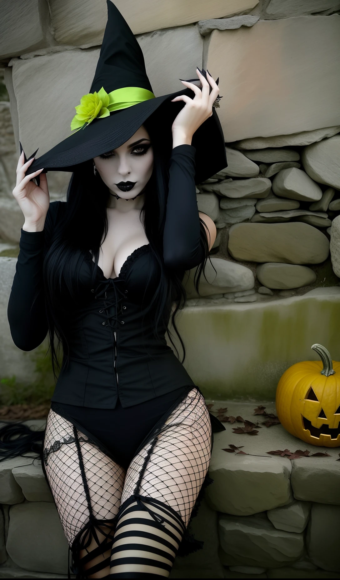 Witch sitting on a stone ledge with a hat and a pumpkin, bruxa escura da moda, gothic horror vibes, Witchy, Bruxa das Trevas, wearing black witch hat, classical witch, goth woman, beautiful witch female, Bruxa malvada feminina bonita, bruxa feminina bonita, very beautiful goth top model, bruxa, beautiful witch spooky female, mulher bruxa, Gothic fashion, goth girl, estilo anime todo detalhado, halloween 🎃